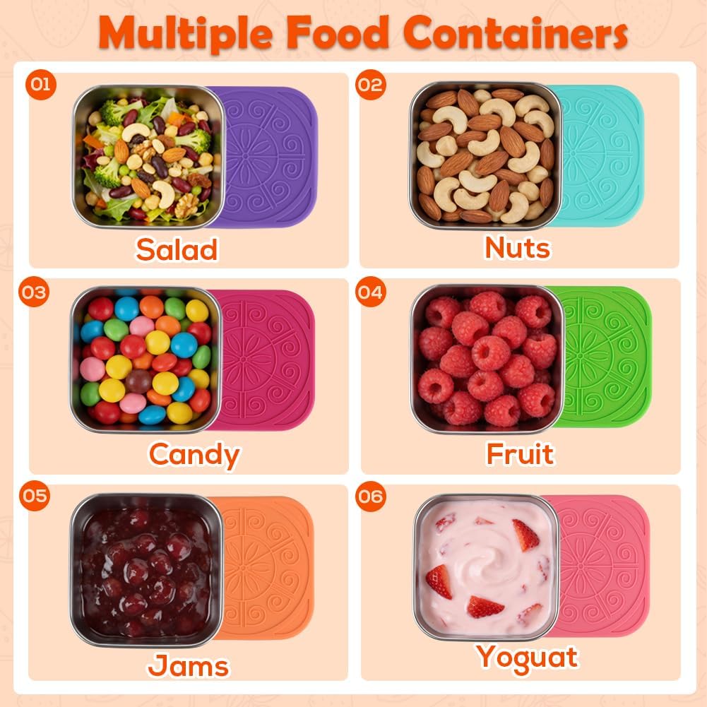 YQL 6-Pack 6oz Square Stainless Steel Snack Containers – Leakproof Metal Food Storage with Colorful Silicone Lids, Reusable Small Boxes for Travel & Meal Prep