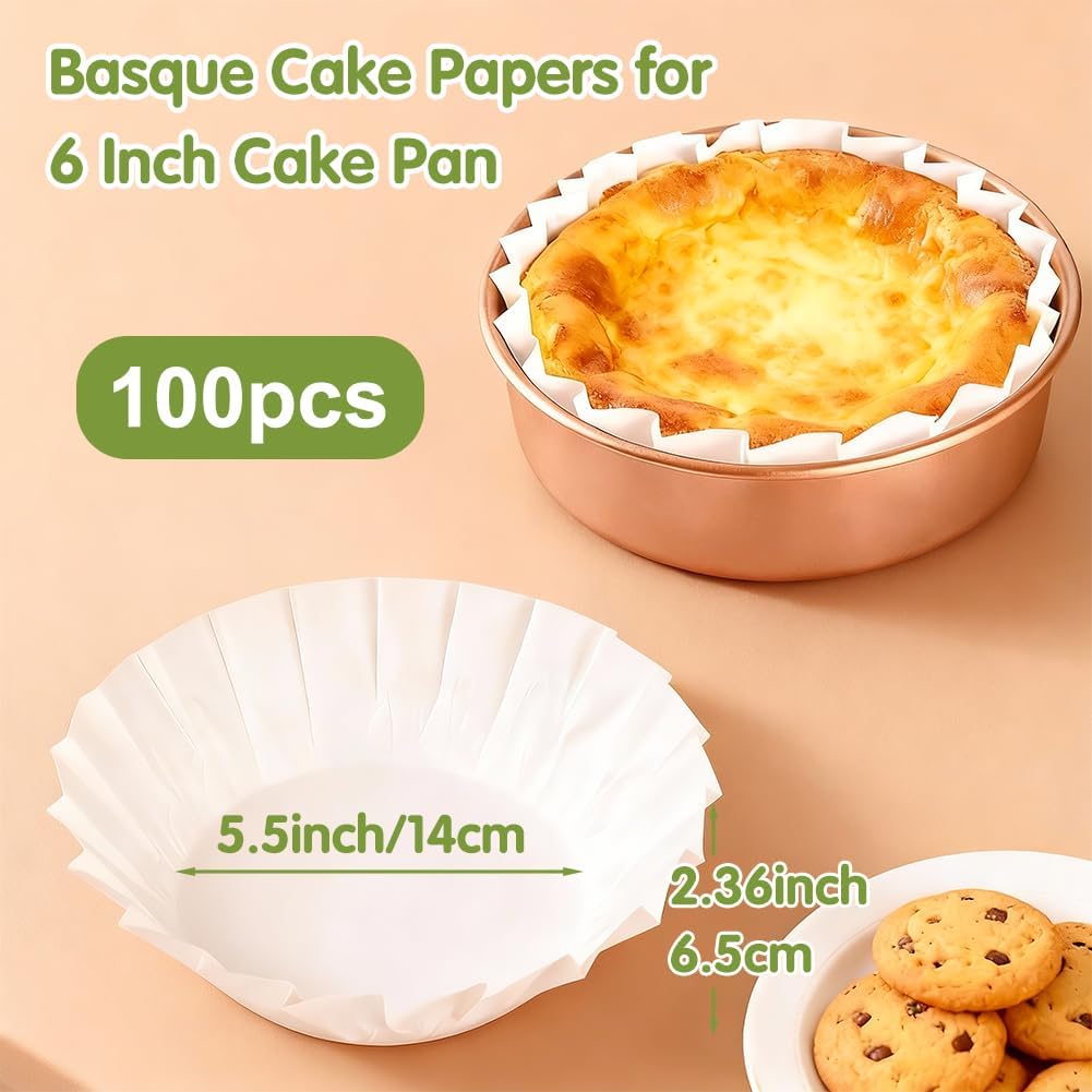 YQL 100PCS 6 Inch Disposable Basque Cake Liners, Non-Stick Parchment Baking Cups for Cheesecake, Muffin, Cupcake, Heat-Resistant Wrappers for Oven, Air Fryer, Microwave, White