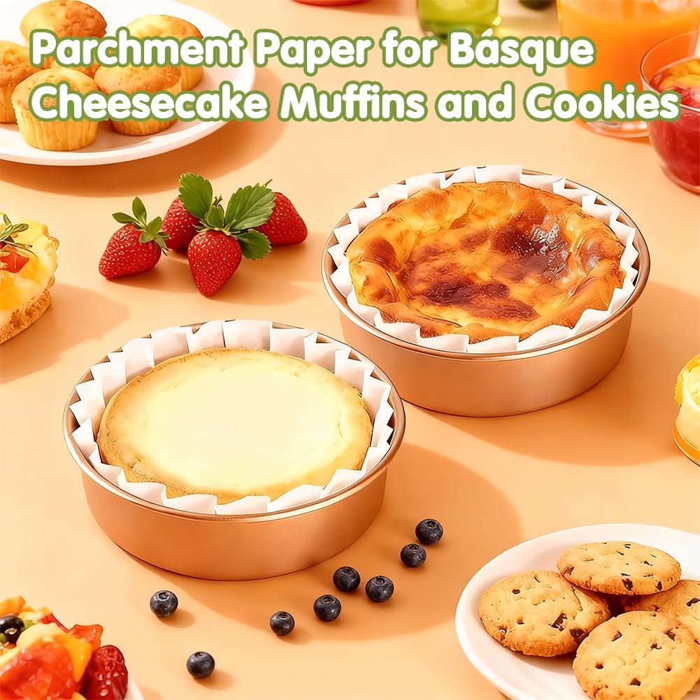 YQL 100PCS 6 Inch Disposable Basque Cake Liners, Non-Stick Parchment Baking Cups for Cheesecake, Muffin, Cupcake, Heat-Resistant Wrappers for Oven, Air Fryer, Microwave, White