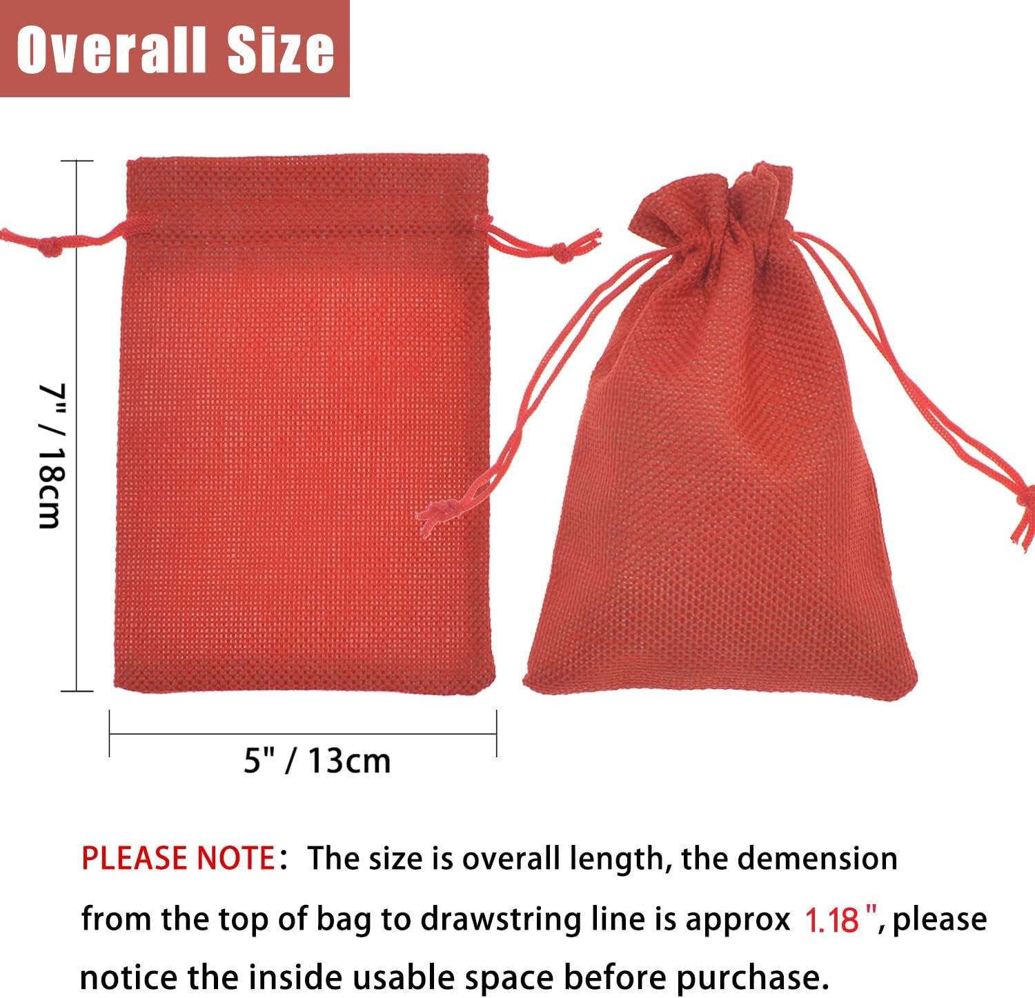 50Pcs Burlap Gift Bags 5 x 7 Inch, Red Linen Drawstring Christmas Candy Bags, Jute Sacks Jewelry Pouches Wedding Party Favor Bags