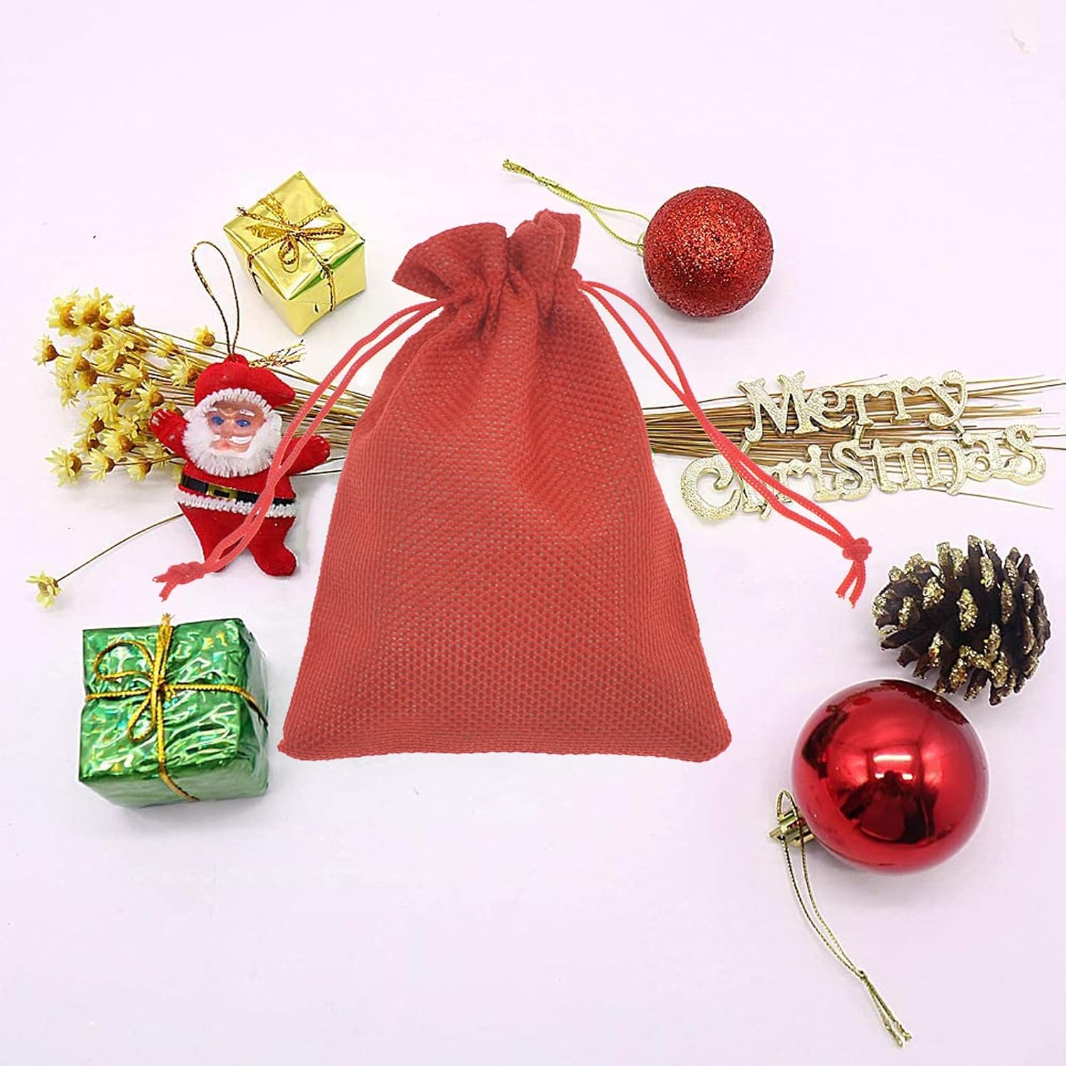 50Pcs Burlap Gift Bags 5 x 7 Inch, Red Linen Drawstring Christmas Candy Bags, Jute Sacks Jewelry Pouches Wedding Party Favor Bags