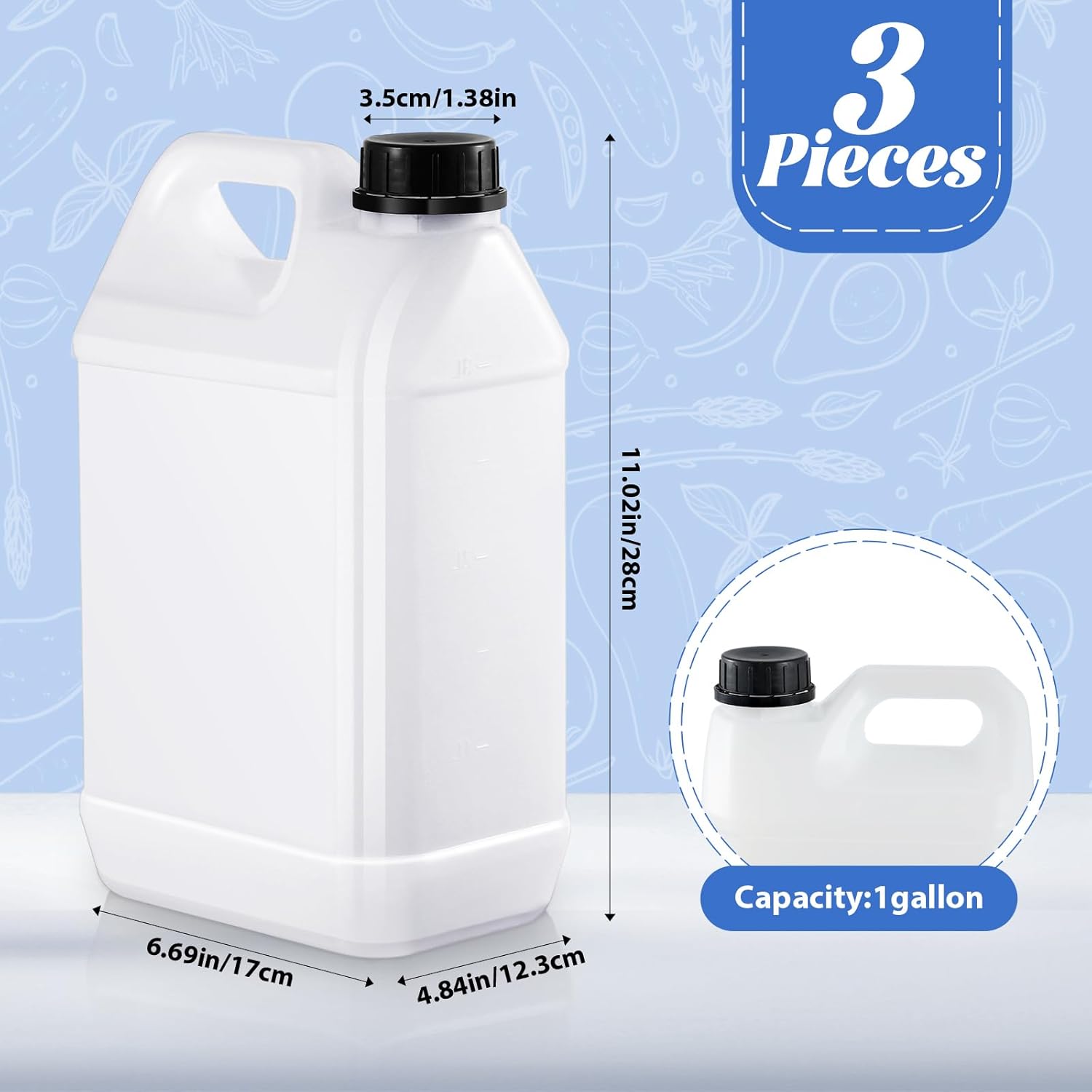 3 Pcs 1 Gallon Plastic Jug with Lids Square Empty Storage Containers Hdpe Carboy Plastic Jar Containers for Milk Water Beverage Oil Liquids Translucent Color