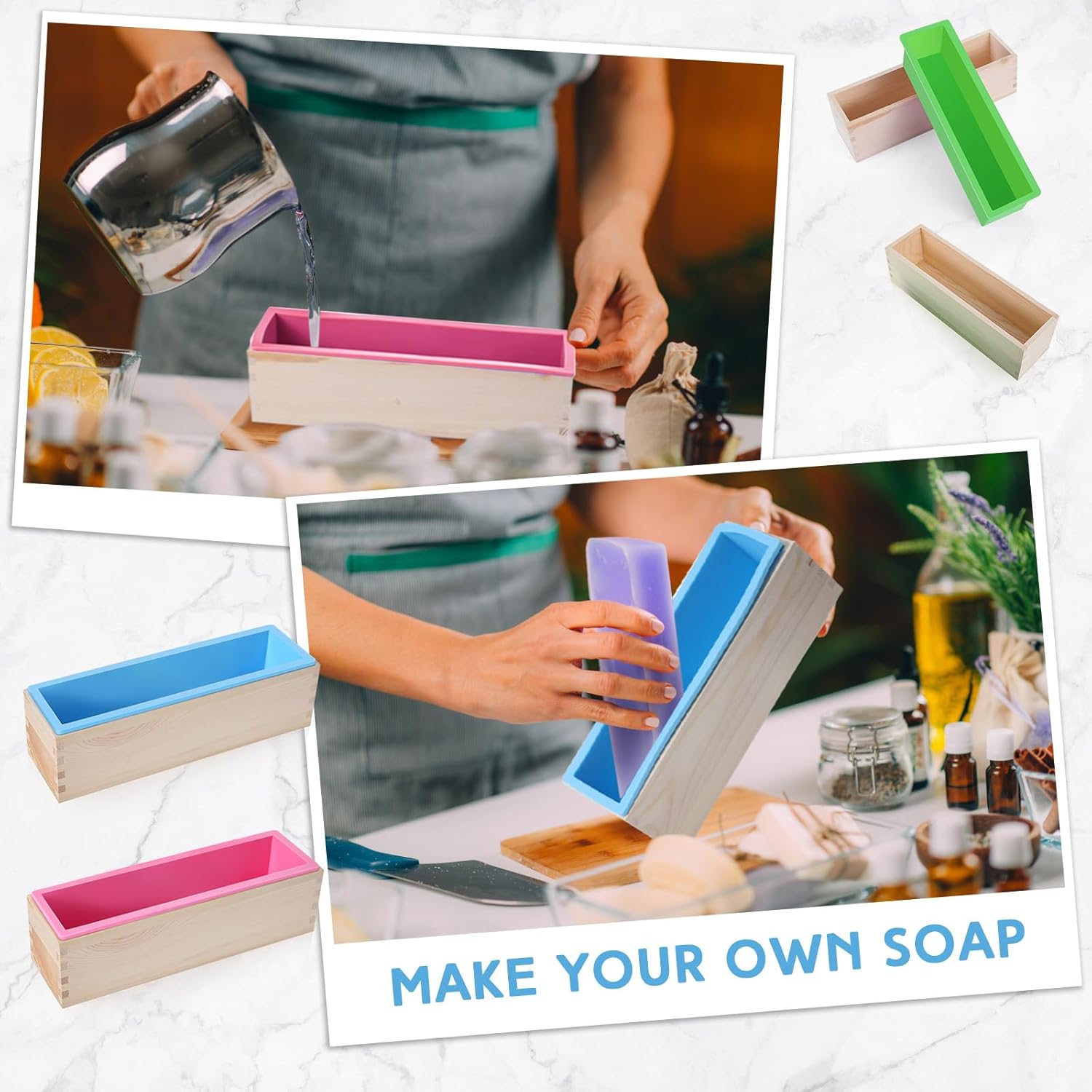 3 Pcs 42oz Soap Loaf Mold Flexible Rectangular Silicone Soap Molds Wood Box Tray Making Supplies for Homemade Craft DIY Tool Green, Pink, Blue