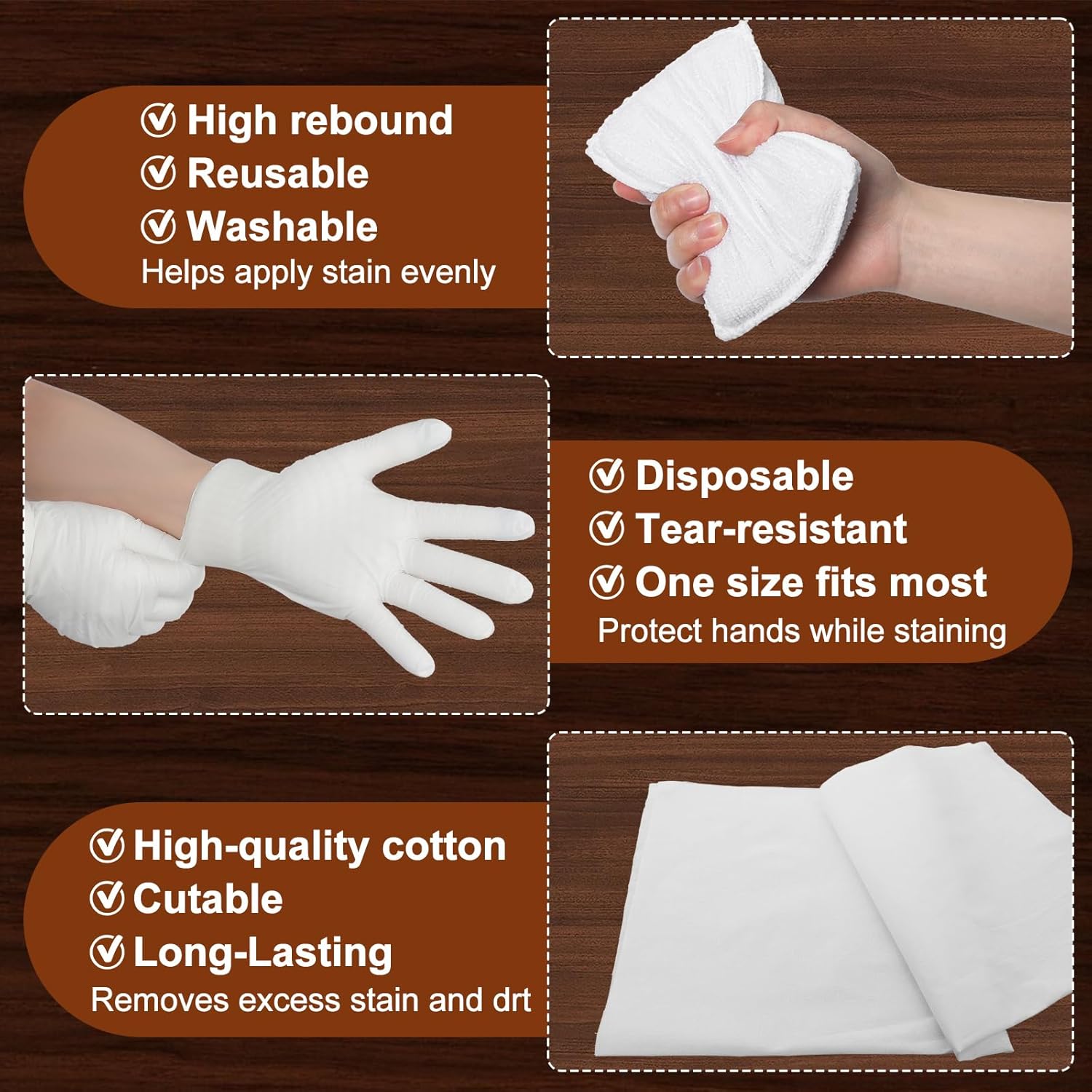 60 Pcs Wood Staining Applicator Kit Include Microfiber Sponge Applicator Pads Cotton Lint Free Cloth Disposable Nitrile Gloves for Wood Stain and Oil Based Finishes