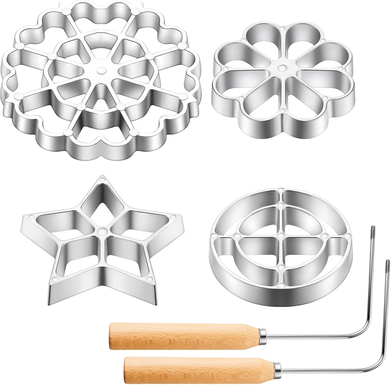 6 Pcs Rosette Iron Mold Set Bunuelos Mold with Handle Cooking Stamp Maker Kit Cookie Cutter Aluminum Alloy Waffle Maker with 3 Interchangeable Head Star Flower Circle Wood