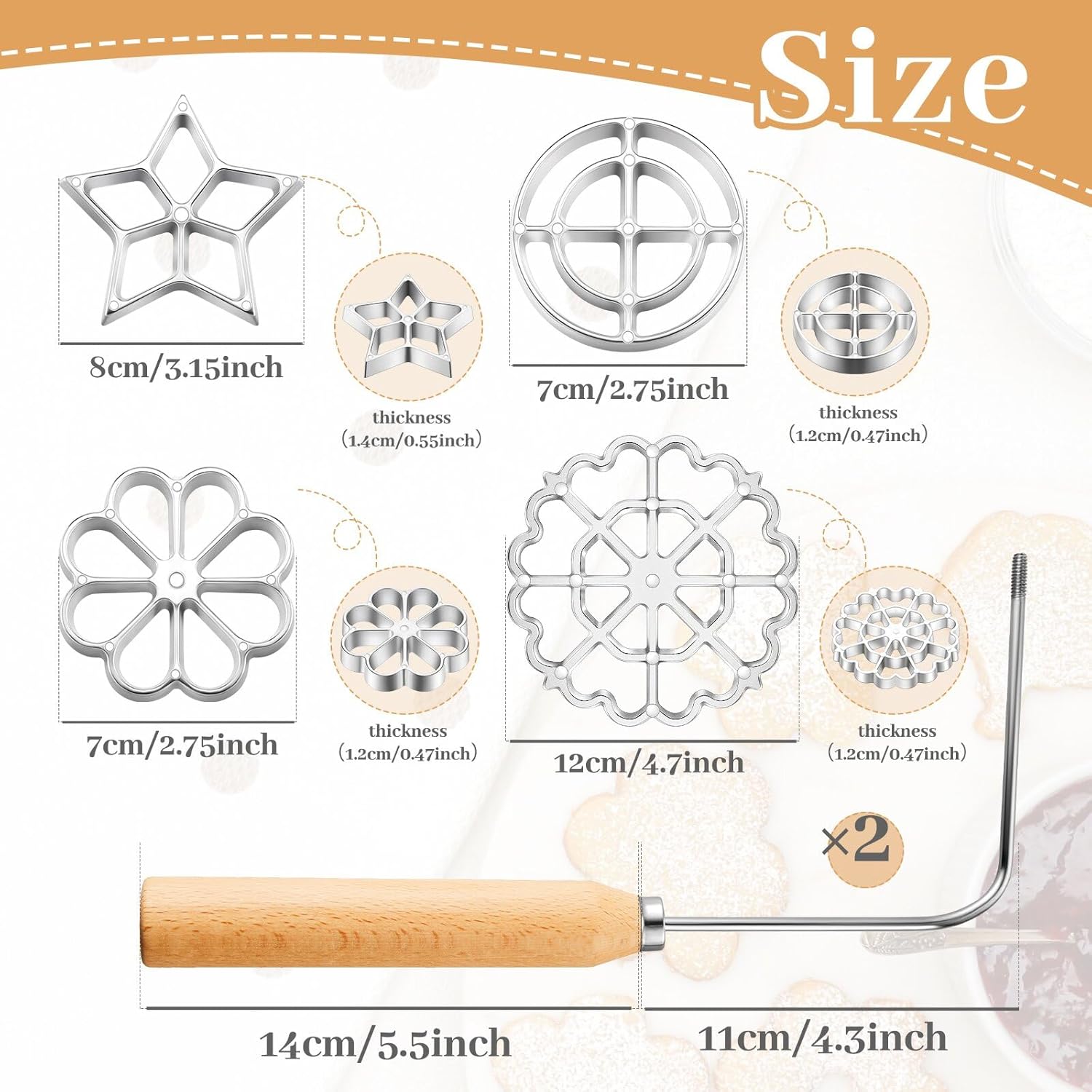 6 Pcs Rosette Iron Mold Set Bunuelos Mold with Handle Cooking Stamp Maker Kit Cookie Cutter Aluminum Alloy Waffle Maker with 3 Interchangeable Head Star Flower Circle Wood