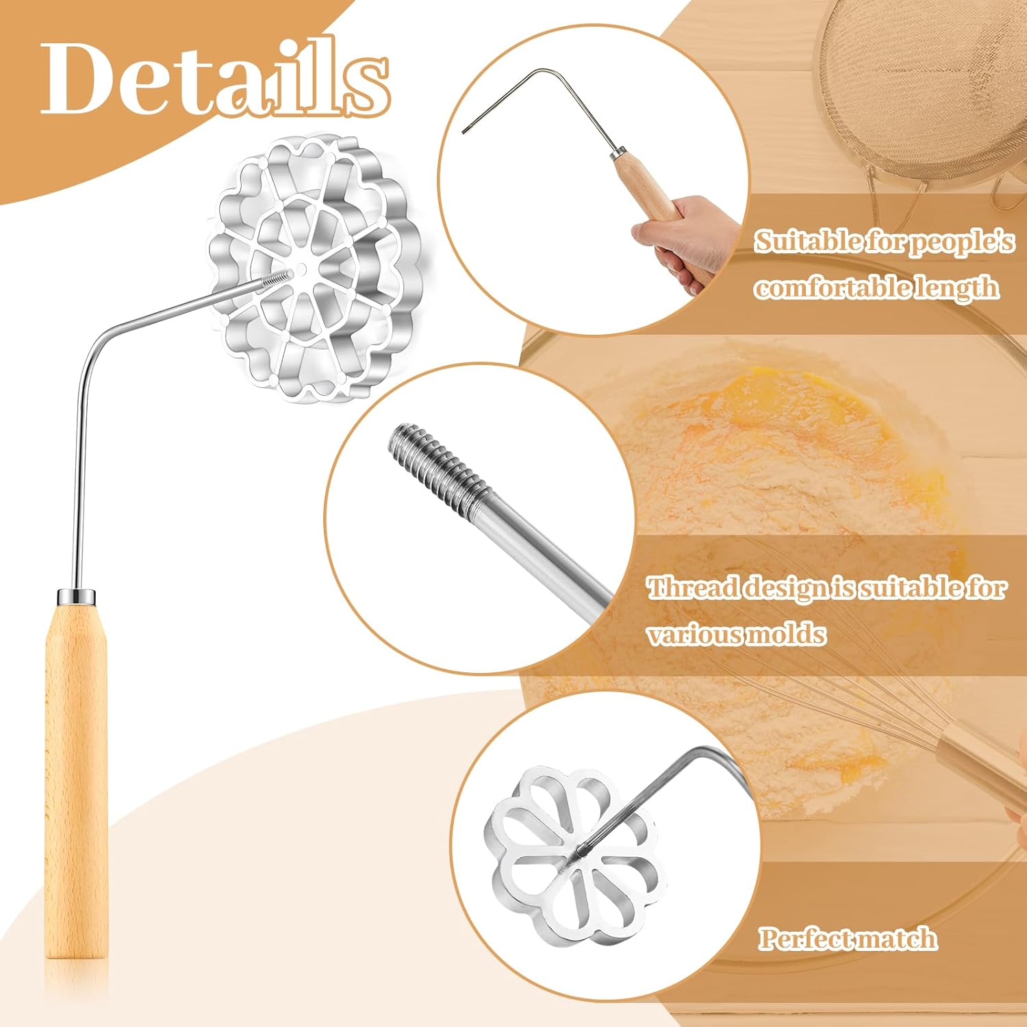 6 Pcs Rosette Iron Mold Set Bunuelos Mold with Handle Cooking Stamp Maker Kit Cookie Cutter Aluminum Alloy Waffle Maker with 3 Interchangeable Head Star Flower Circle Wood