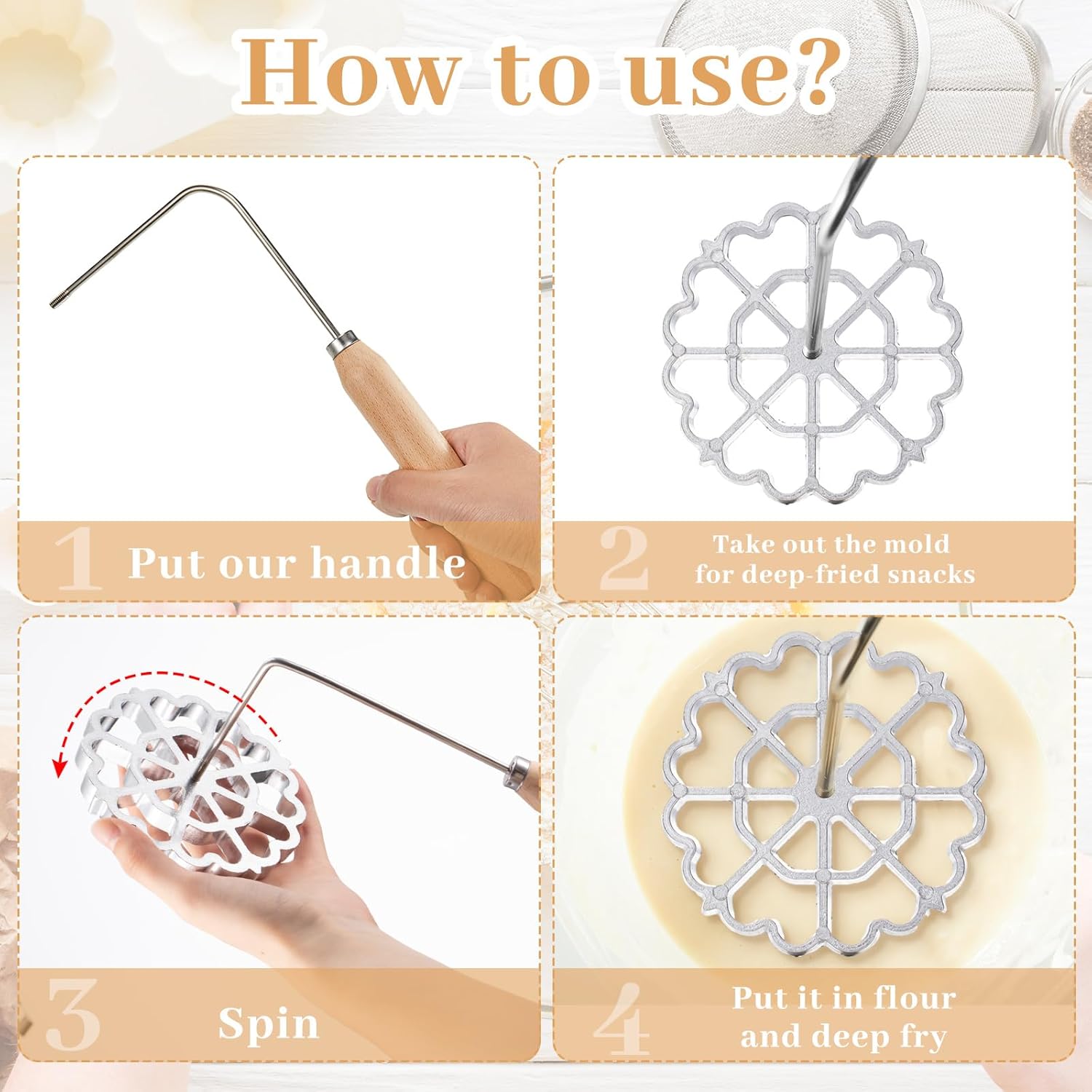 6 Pcs Rosette Iron Mold Set Bunuelos Mold with Handle Cooking Stamp Maker Kit Cookie Cutter Aluminum Alloy Waffle Maker with 3 Interchangeable Head Star Flower Circle Wood