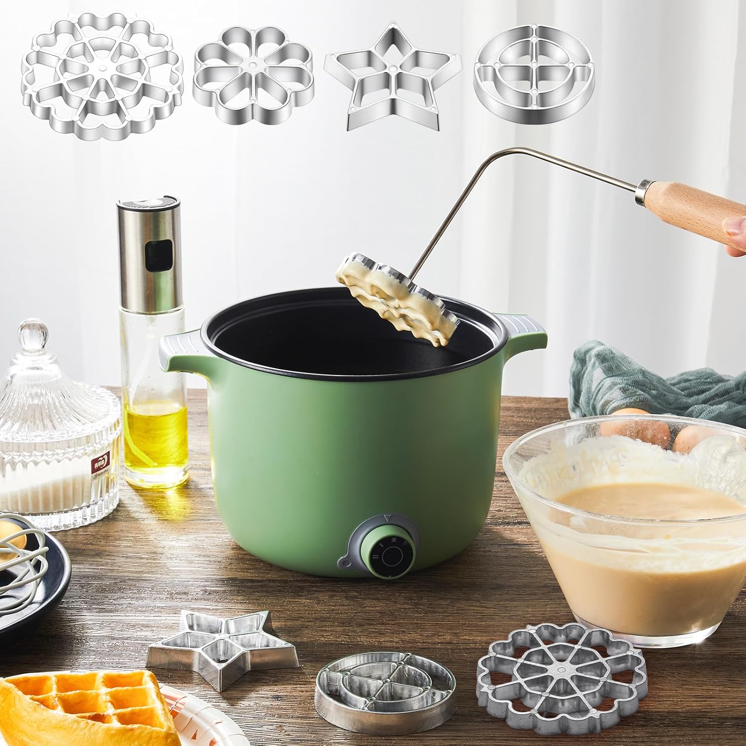 6 Pcs Rosette Iron Mold Set Bunuelos Mold with Handle Cooking Stamp Maker Kit Cookie Cutter Aluminum Alloy Waffle Maker with 3 Interchangeable Head Star Flower Circle Wood