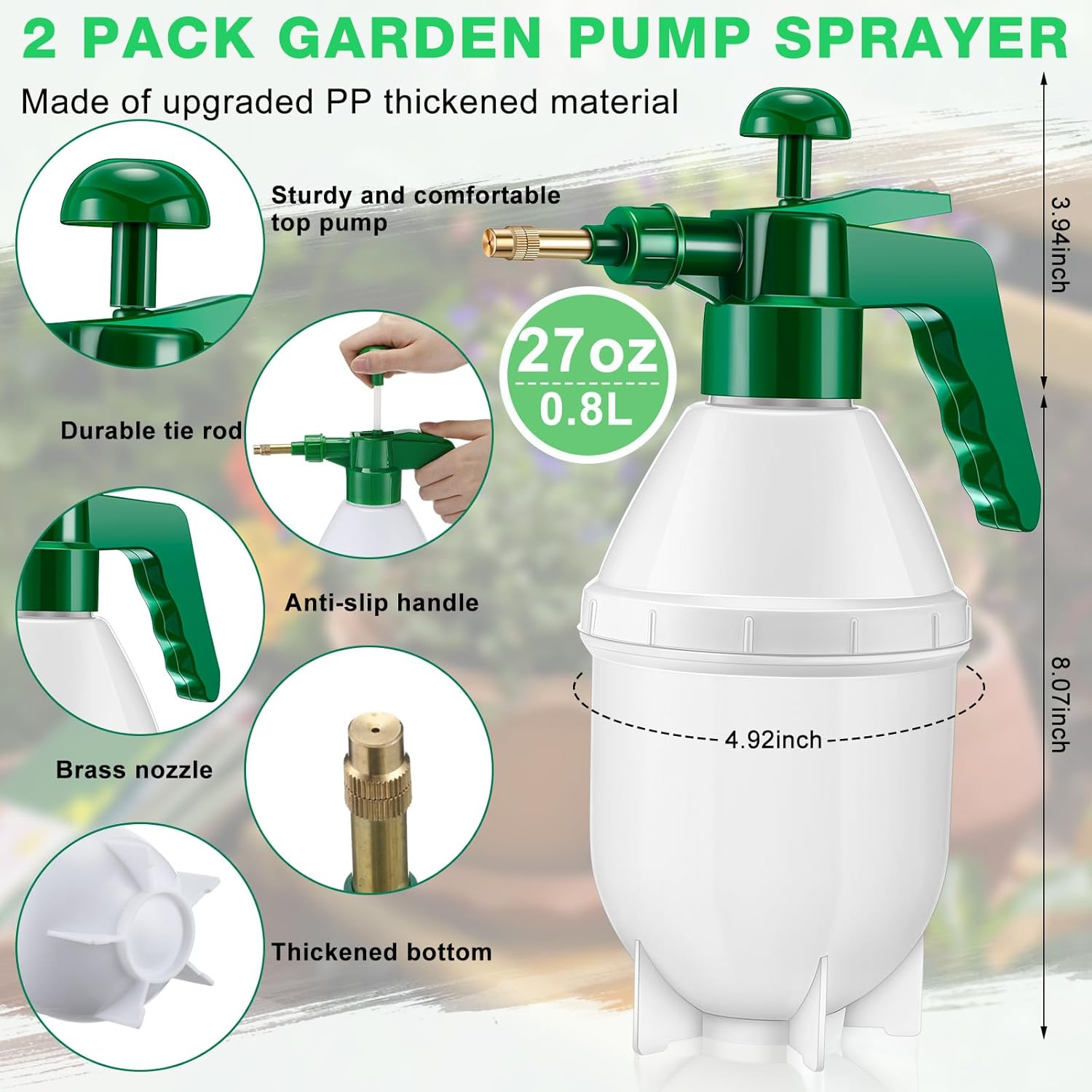 2 Pcs 27 oz Handheld Pump Spray Bottle Garden Mister Spray Bottles Lawn Pressure Hand Pump Sprayer with Adjustable Nozzle for Chemicals Watering Weeds Plants and Cleaning Green