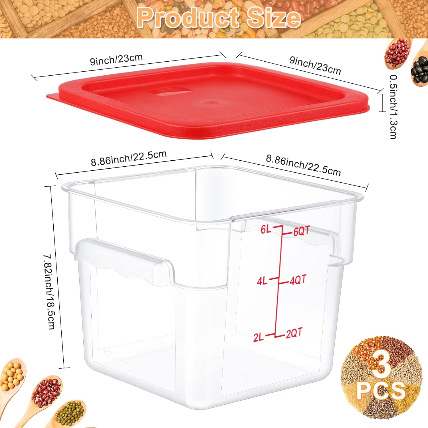 3 Sets 6 Qt Square Food Storage Containers with Lids Dough Proofing Bucket Commercial Polycarbonate Containers with Scale Clear Airtight Cereal for Pantry Home Restaurant Red