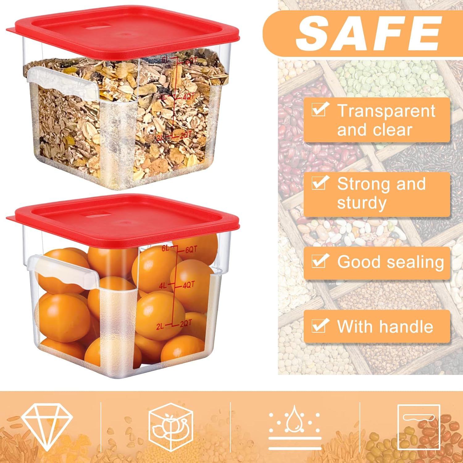 3 Sets 6 Qt Square Food Storage Containers with Lids Dough Proofing Bucket Commercial Polycarbonate Containers with Scale Clear Airtight Cereal for Pantry Home Restaurant Red
