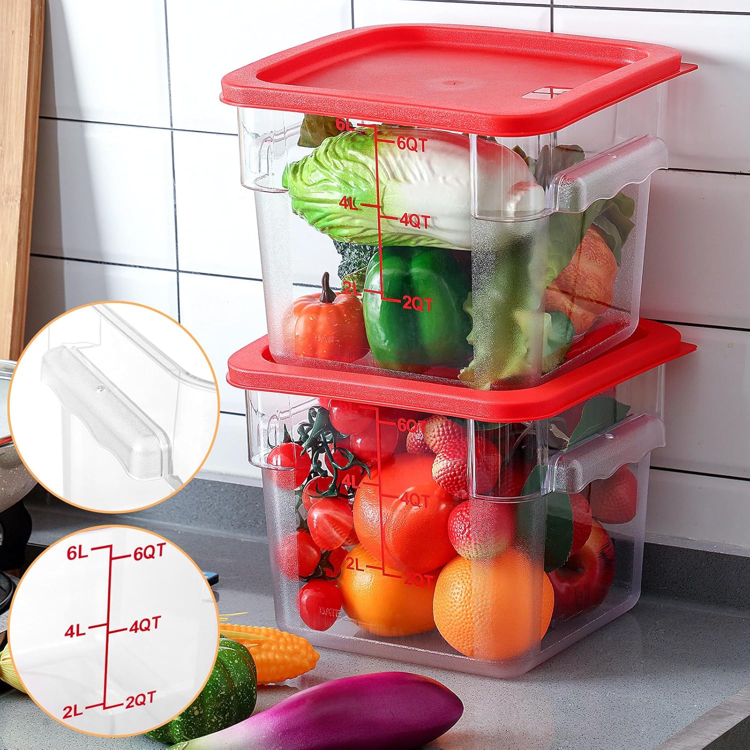 3 Sets 6 Qt Square Food Storage Containers with Lids Dough Proofing Bucket Commercial Polycarbonate Containers with Scale Clear Airtight Cereal for Pantry Home Restaurant Red