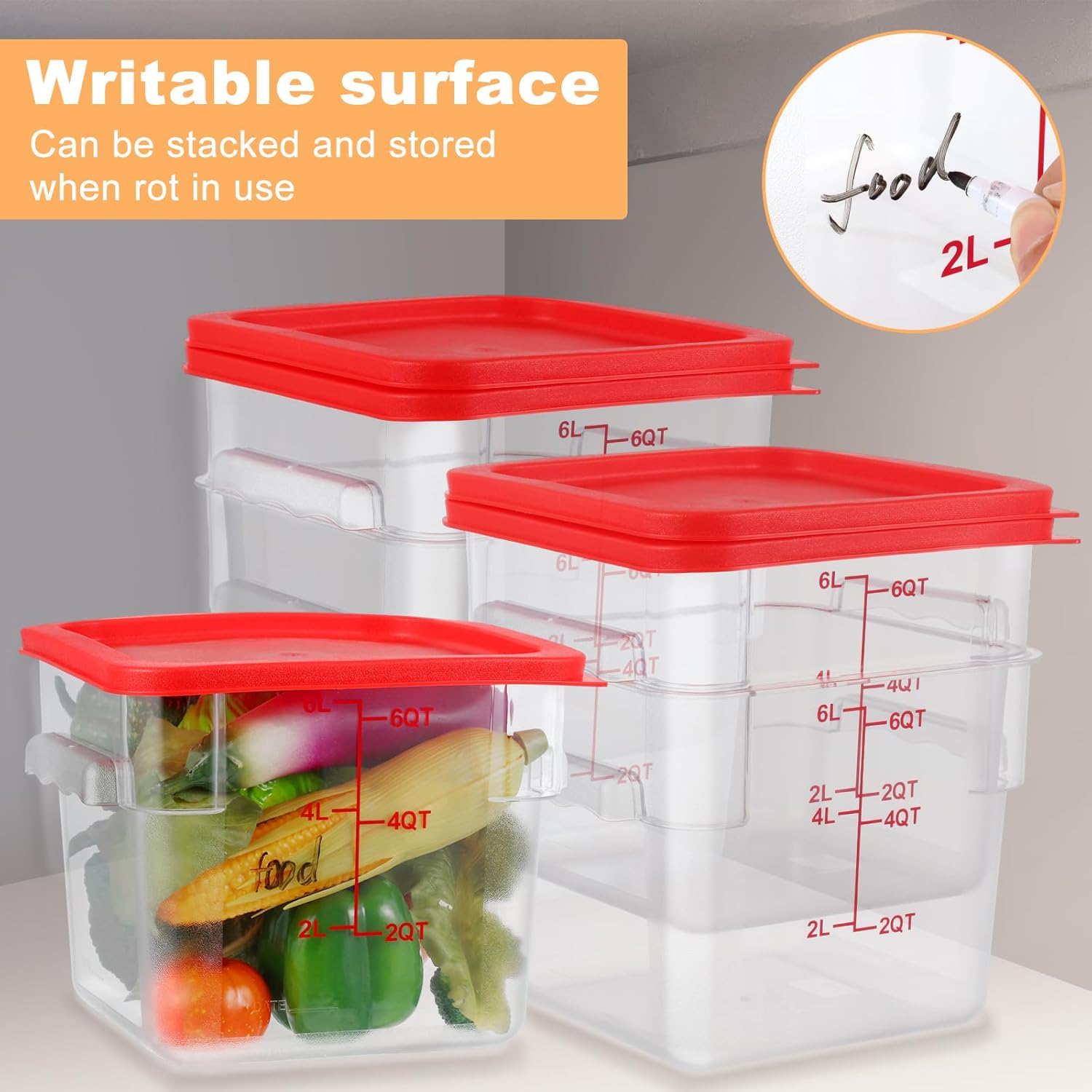 3 Sets 6 Qt Square Food Storage Containers with Lids Dough Proofing Bucket Commercial Polycarbonate Containers with Scale Clear Airtight Cereal for Pantry Home Restaurant Red