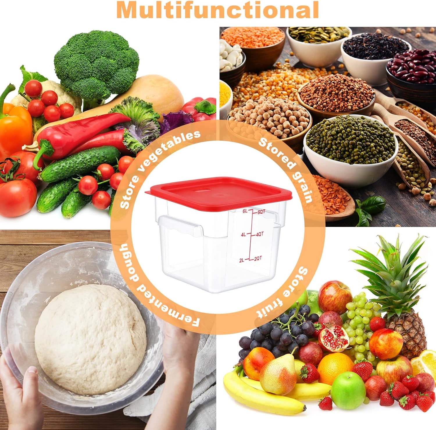 3 Sets 6 Qt Square Food Storage Containers with Lids Dough Proofing Bucket Commercial Polycarbonate Containers with Scale Clear Airtight Cereal for Pantry Home Restaurant Red