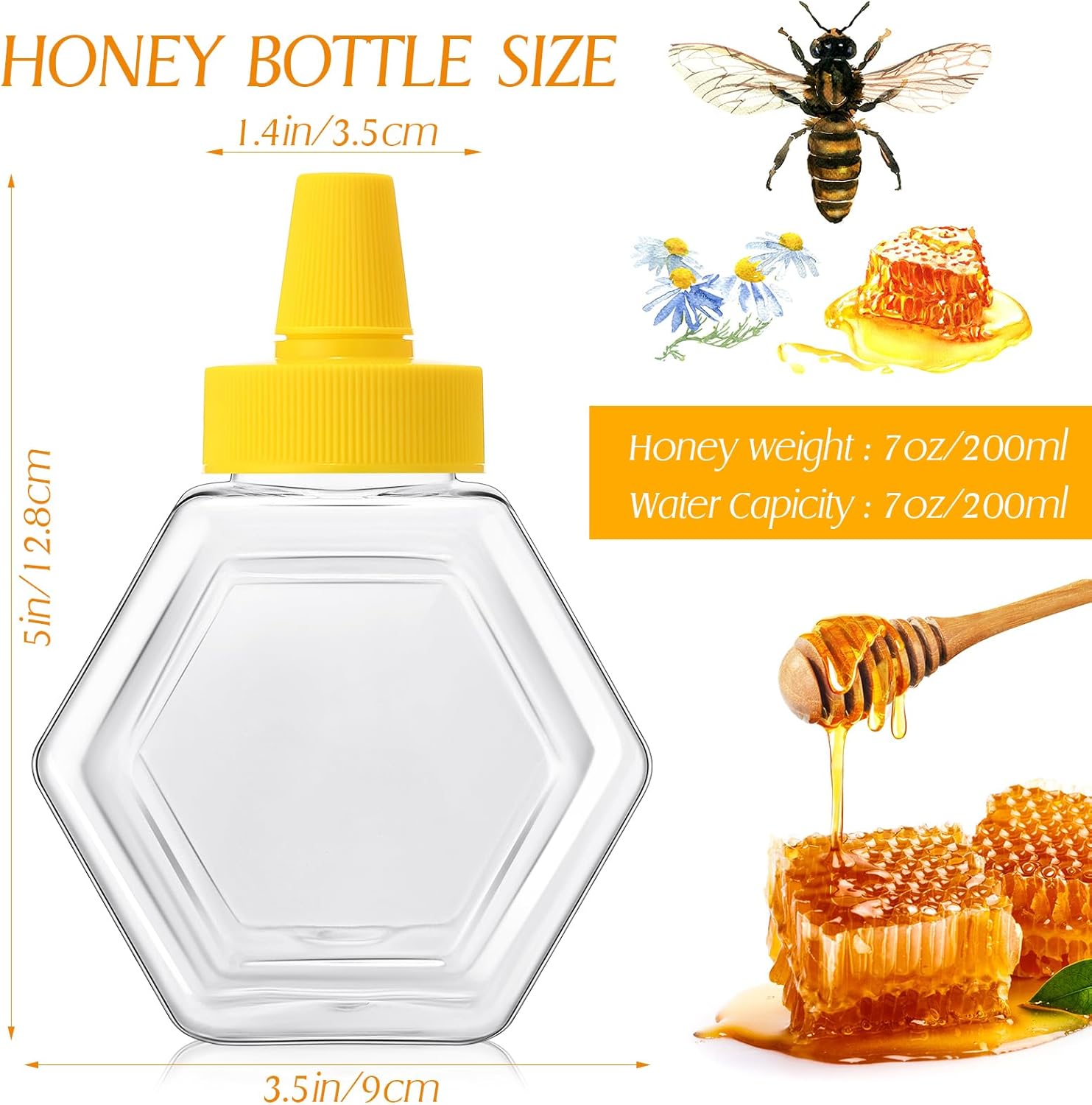 64 Pcs 7 oz Honey Squeeze Bottle Plastic Empty Beehive Bottle Jar with Spout Lid Clear Refillable Honey Containers for Condiment Storing and Dispensing Dispenser Hexagon