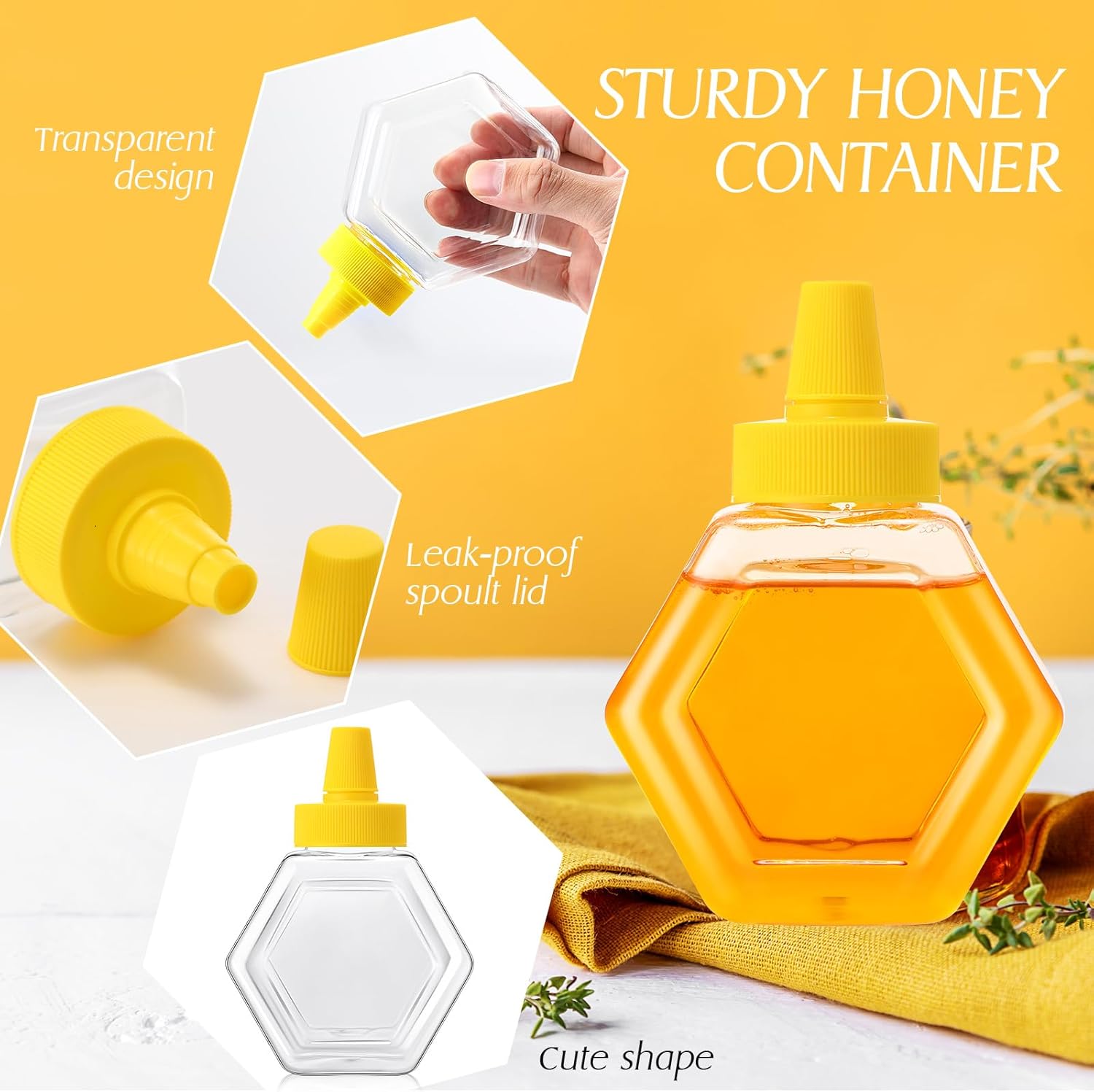 64 Pcs 7 oz Honey Squeeze Bottle Plastic Empty Beehive Bottle Jar with Spout Lid Clear Refillable Honey Containers for Condiment Storing and Dispensing Dispenser Hexagon