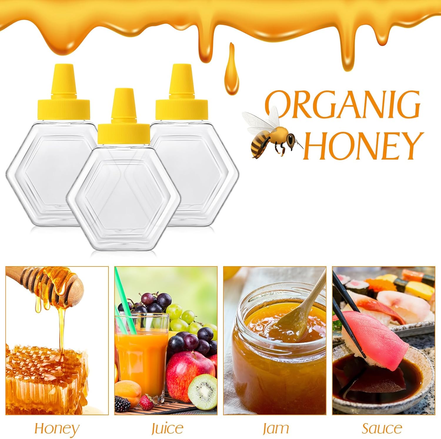 64 Pcs 7 oz Honey Squeeze Bottle Plastic Empty Beehive Bottle Jar with Spout Lid Clear Refillable Honey Containers for Condiment Storing and Dispensing Dispenser Hexagon