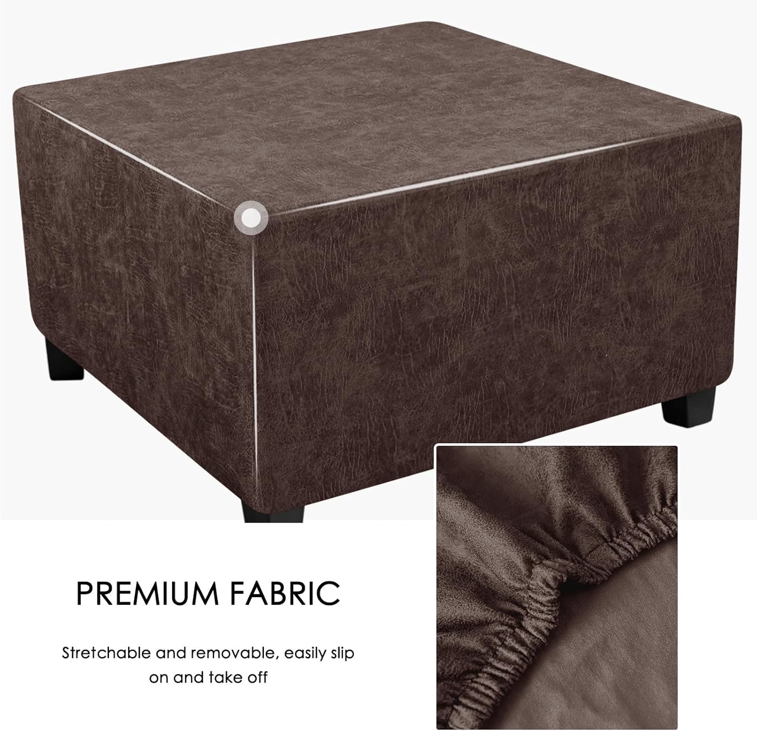 Leather Looking Ottoman Cover Brown 40x40x15inch Stretch Footstool Slipcover 1 Piece Washable Removable