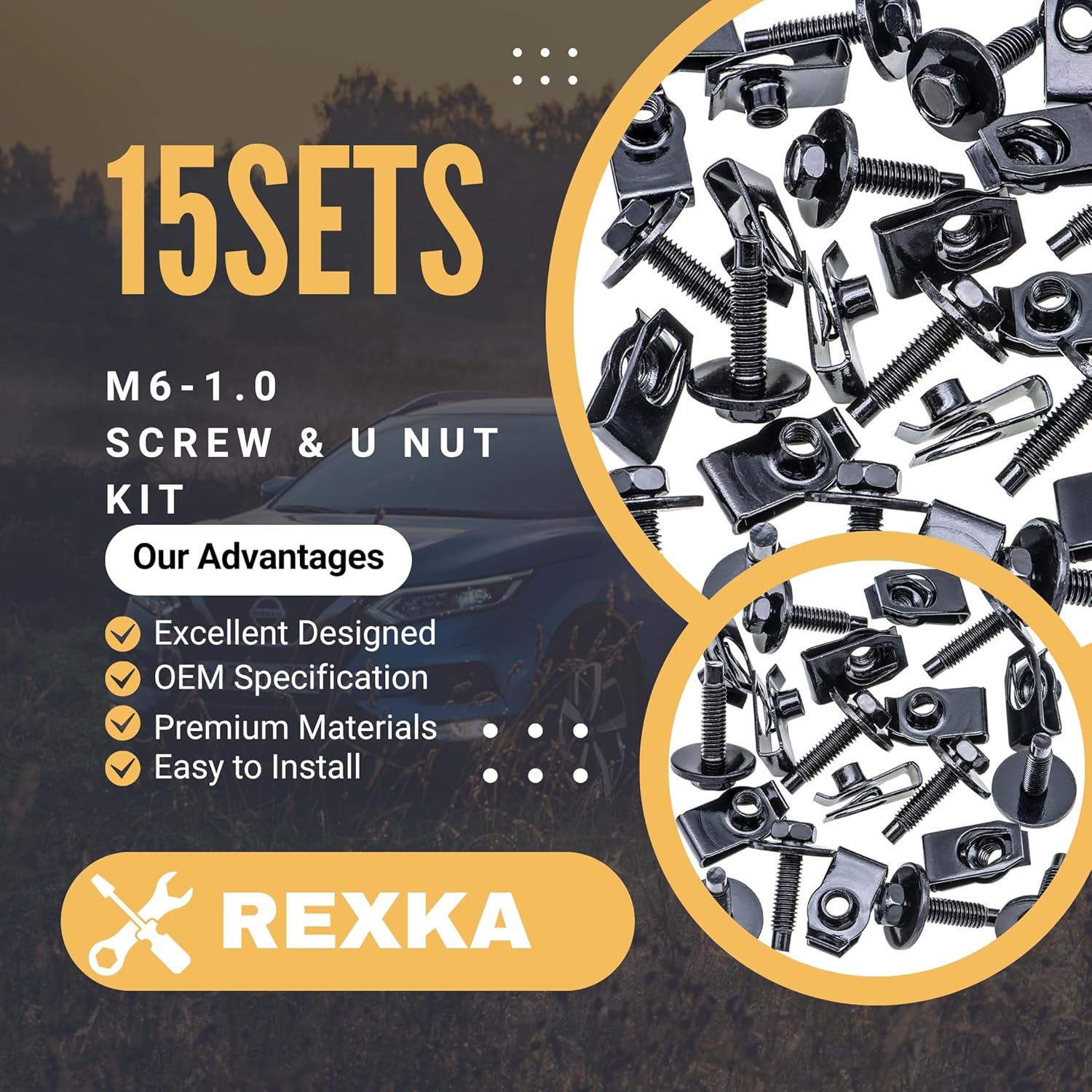 Rexka 15 Sets M6-1.0 Extruded U Nuts & Hex Head SEMS Body Bolts Kits for GM Ford Chevy Chrysler Jeep Dodge - Multipurpose - Bumper Fender Splash Shield Under Cover Hood Engine