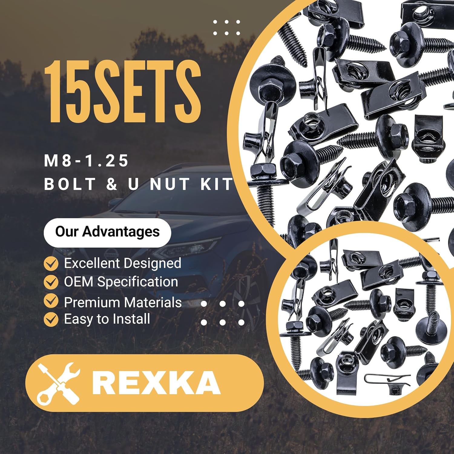 Rexka 15 Sets M8-1.25 Extruded U Nut & Body Bolts Screw Kits for GM Ford Chevy Buick GMC Cadilac Hummer Oldsmobile Pontiac Saturn Cars Trucks