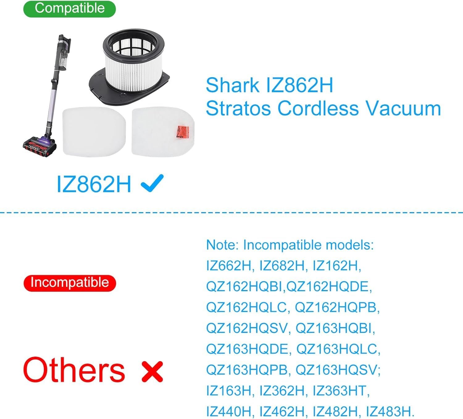 6 Pack ilter Replacement or Shark IZ862H Stratos Cordless Vacuum, Compatible with Shark IZ862H Upright Vacuum Include 2 oam ilter + 2 elt ilters Kit, White