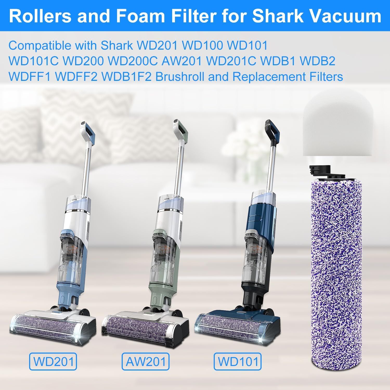 8 Pack Brush Roller and ilter Replacement or Shark WD201 Vacuum - Washable oam ilters or WD100, WD101, WD101C, WD200, WD200C, WD201, WD201C - HydroVac Pro XL 3-in-1 Vacuum