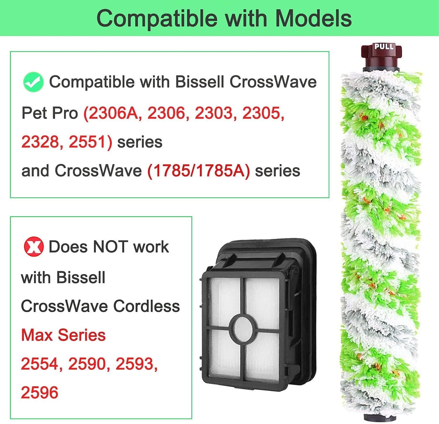 6 Pack Replacement Parts or bissell CrossWave Pet Pro 2306A & CrossWave 1785 Series 3888A Vacuum Cleaner, 3 Pack 2460 Brush Rolls,3 Pack 1866 ilters,Compare to Part 1613568&161-3568,1608684