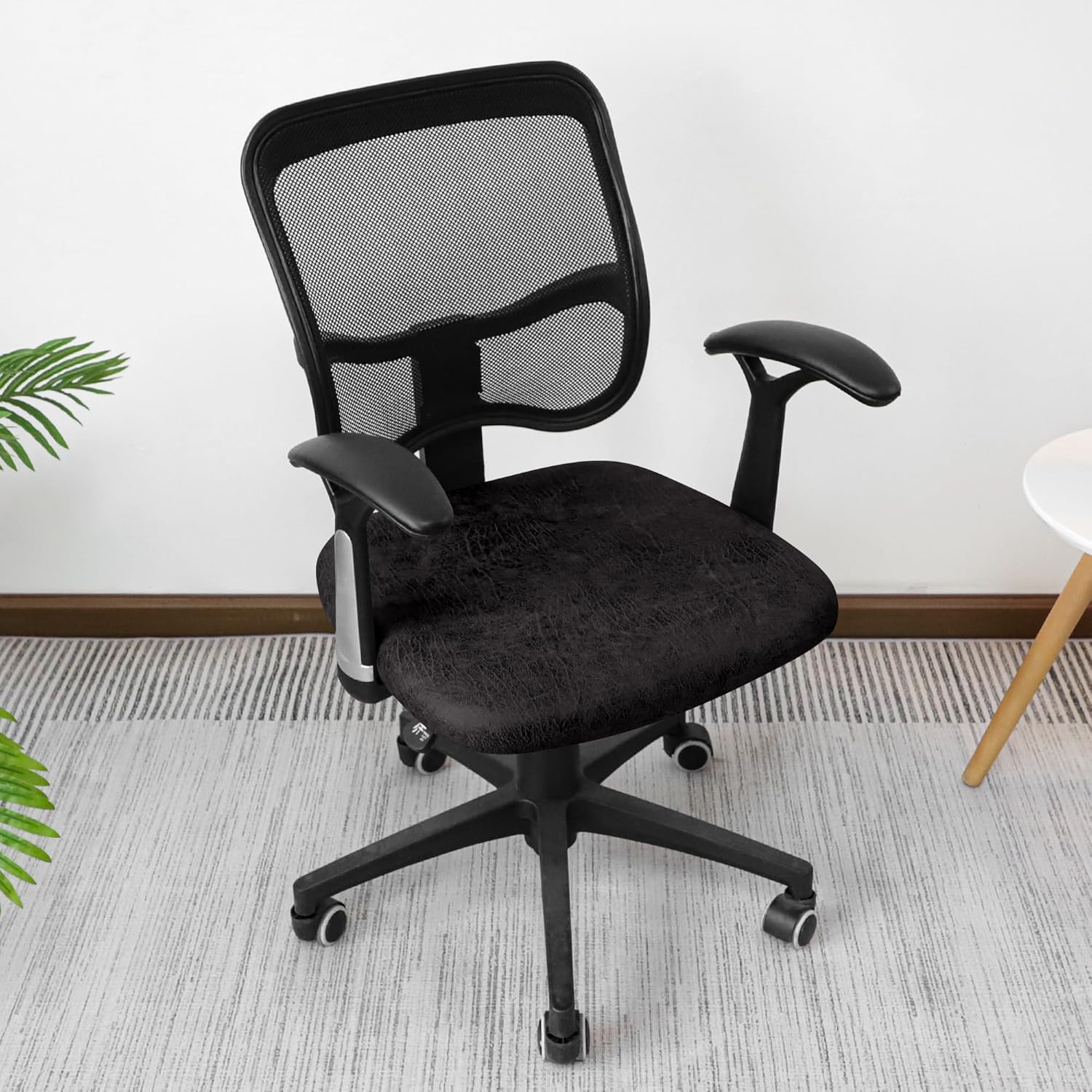 Leather Look Office Chair Seat Covers Set of 2 Black 20inch Square Stretch Seat Slipcovers for Dining Chair Cushions Removable Washable