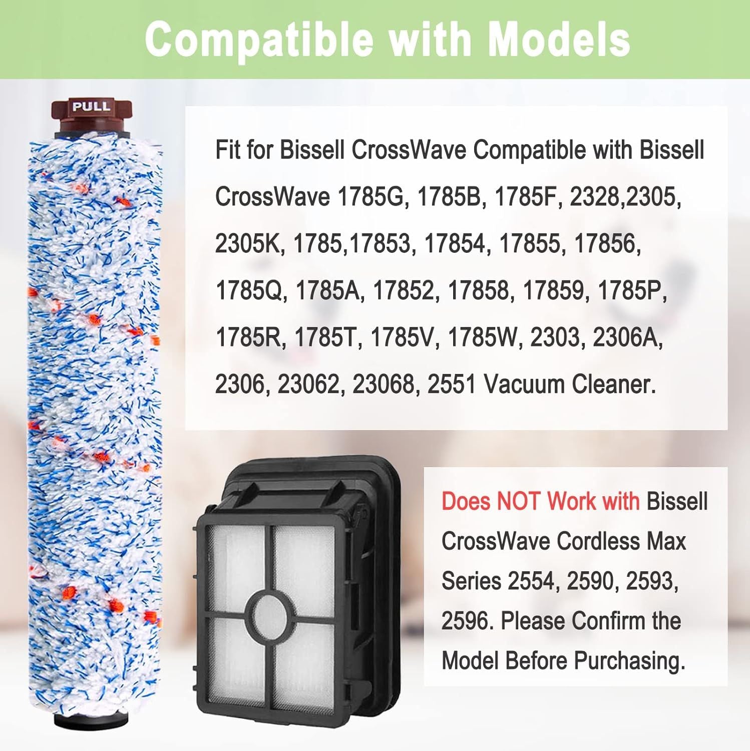 8 Pack Replacement Parts Compatible with Bissell CrossWave 1785 2306 3888A Vacuum Cleaner 4 Pack Multi-Surace Brush Roll 1868 4 Pack Vacuum ilter 1866 Compare to Part 1608683 160-8683 1608684