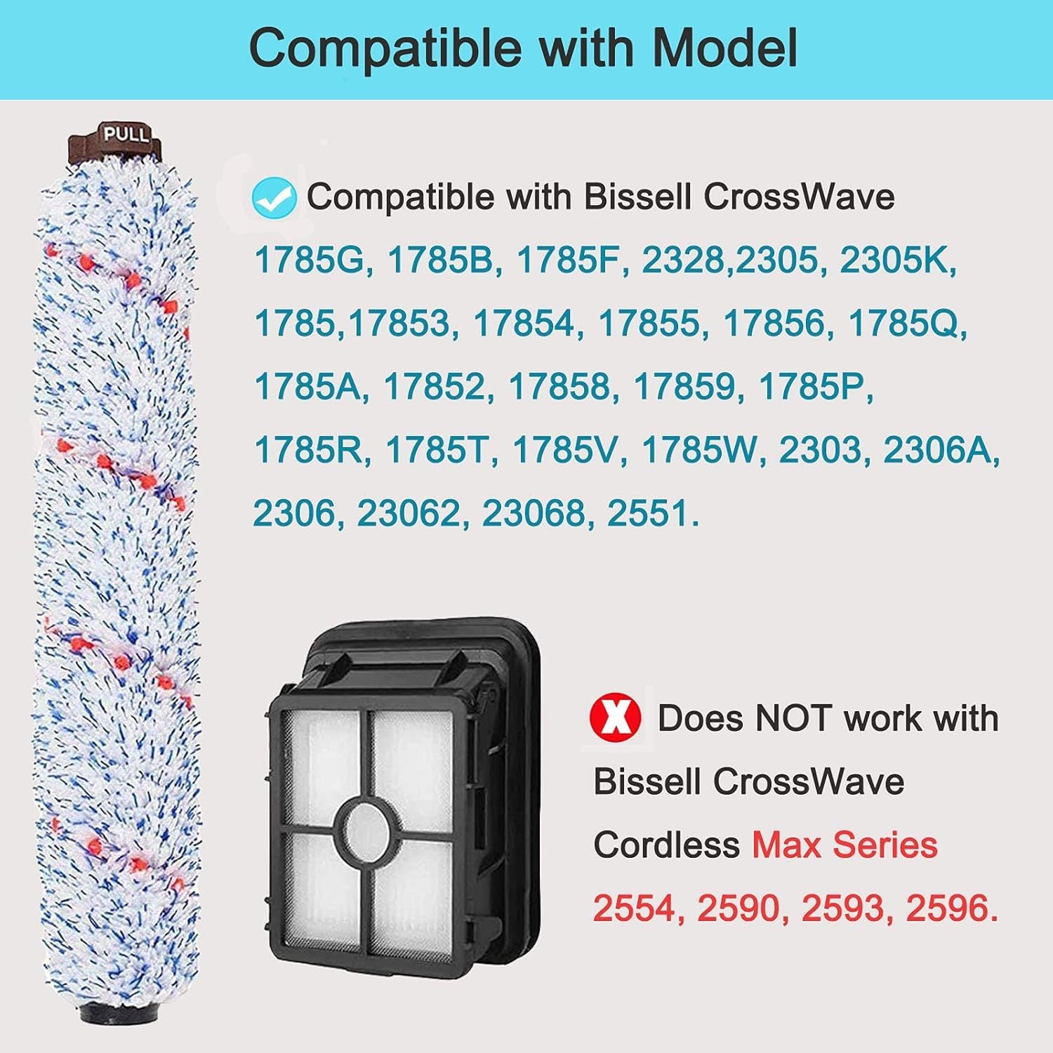 6 Pack Replacement Parts Compatible with Bissell CrossWave Vacuum Cleaner, 3 Pack Multi-Surace Brush Roll 1868 ,3 Pack Vacuum ilter 1866,Compare to Part 1608683, 160-8683, 1608684