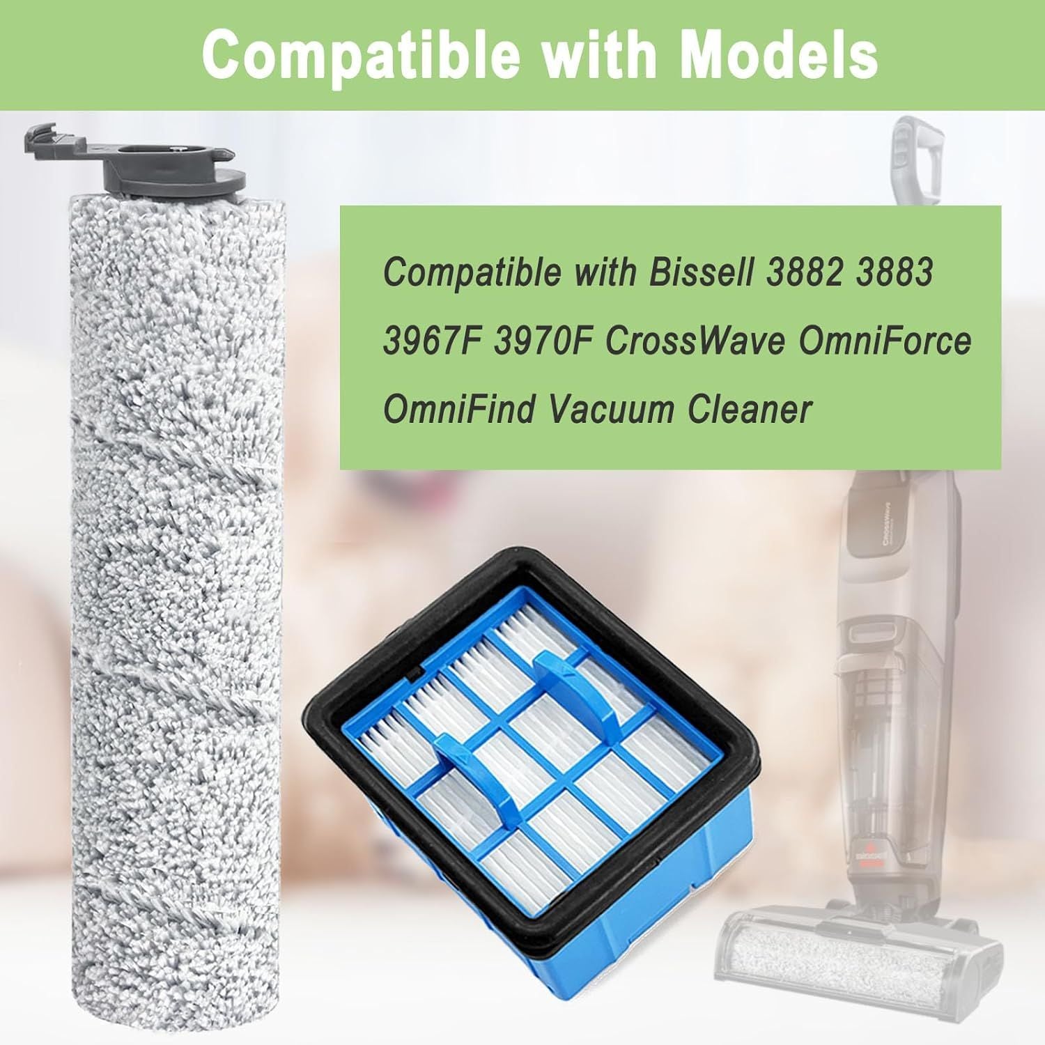 Replacement Parts or Bissell Crosswave Omniorce 3882 3883 3967 3970 CrossWave Omniorce Omniind Vacuum Cleaner, 2 Brush Rolls,4 ilters