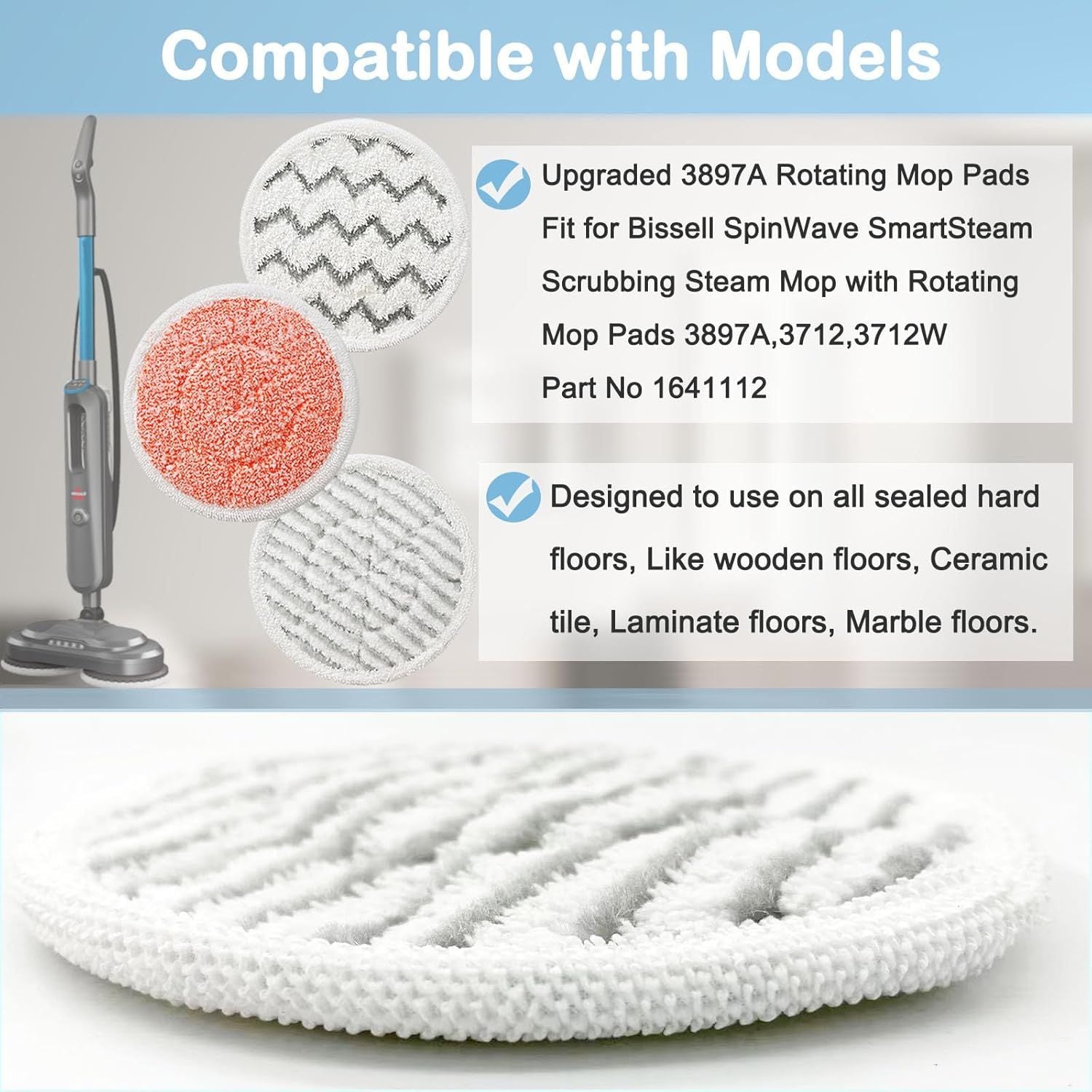 8 Pack Upgraded 3897A Rotating Mop Pads Replacement Steam Mop Pads or Bissell SpinWave SmartSteam Scrubbing Steam Mop 3897A,3712,3712W Steam Rotating Mop Pads,Part No 1641112
