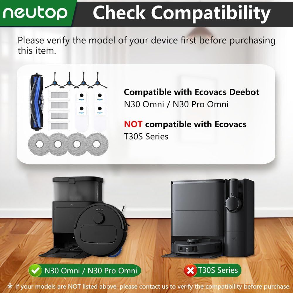 Replacement Parts Compatible with Ecovacs Deebot N30 Omni, N30 Pro Omni, Robot Vacuum Accessories 1 Roller 4 ilter 4 Side Brush 4 Mop Pad 4 Dust Bag