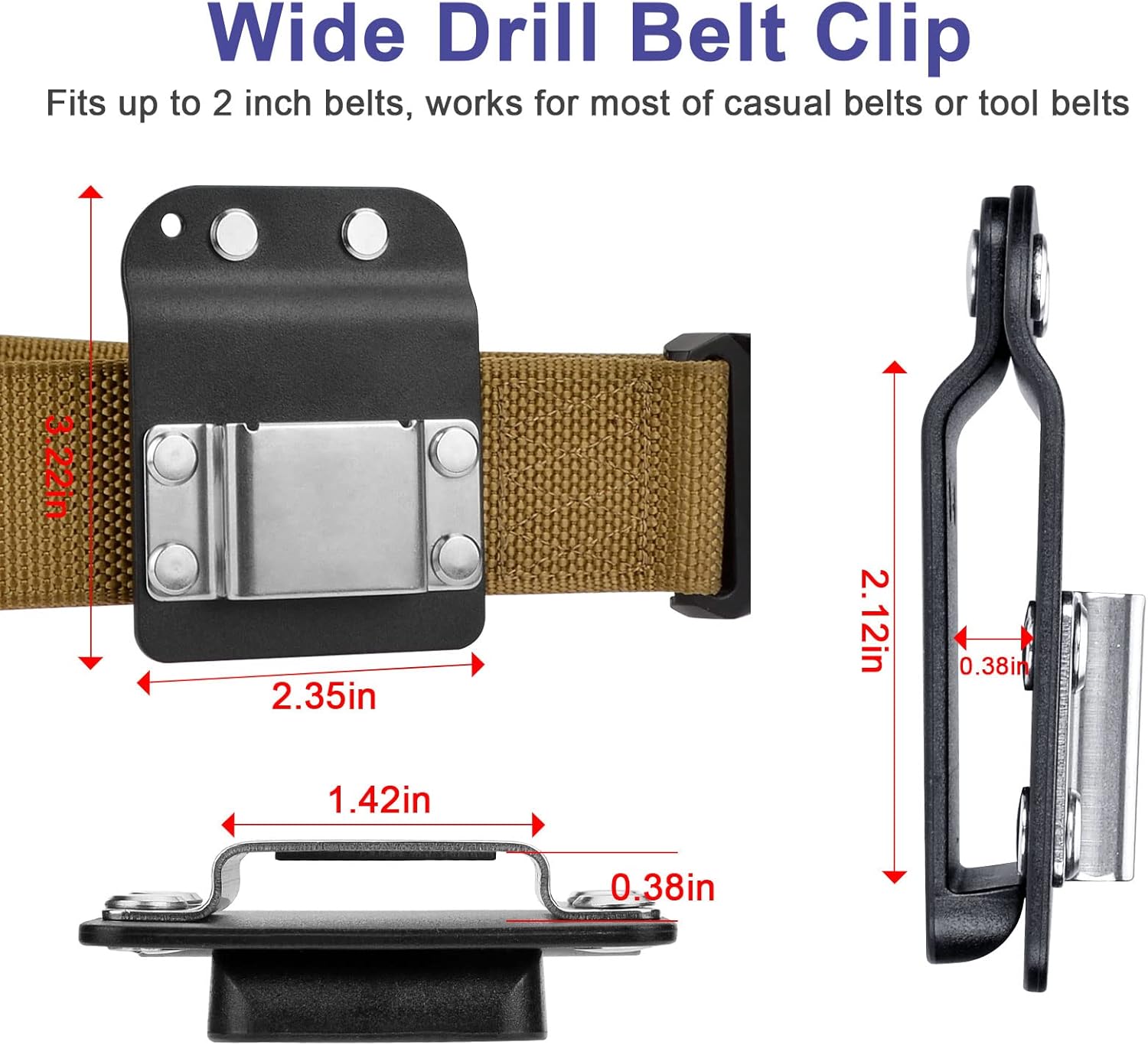 iGuerburn Drill Belt Holder & Hammer Holder Loop Clip on 2" Tool Belt for Impact Driver Drill Gun Nailer Rip Claw Framing Hammer