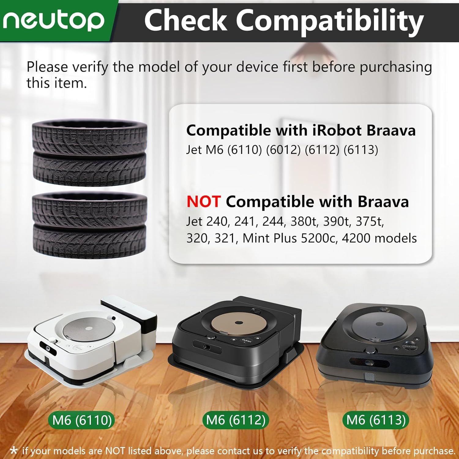 Replacement Rubber Wheel Tires Compatible with iRobot Braava Jet M6 6110 6012 6112 6113 , Anti-slip, Great Adhesion and Easy Assembly, 4-Pack.