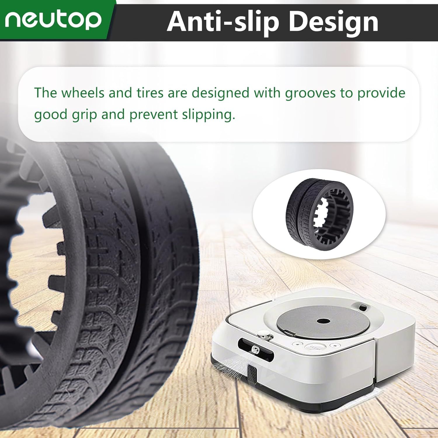 Replacement Rubber Wheel Tires Compatible with iRobot Braava Jet M6 6110 6012 6112 6113 , Anti-slip, Great Adhesion and Easy Assembly, 4-Pack.