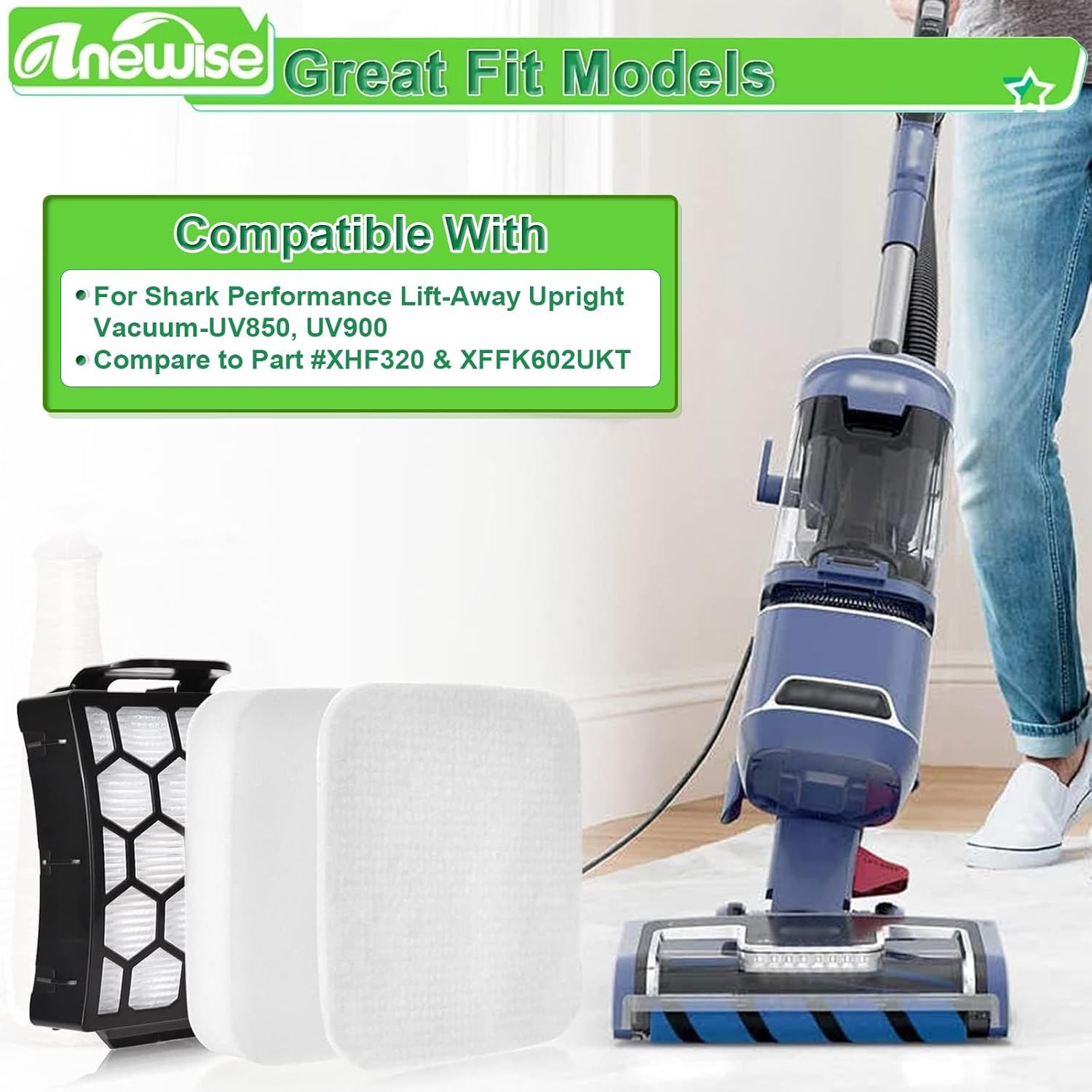 UV850 ilter Replacement or Shark Perormance Lit Away UV850 UV900 UV950 DuoClean Upright Vacuum, 2 HEPA ilters and 4 oam & elt ilters, Compare to Part #XH320 & XK602UKT