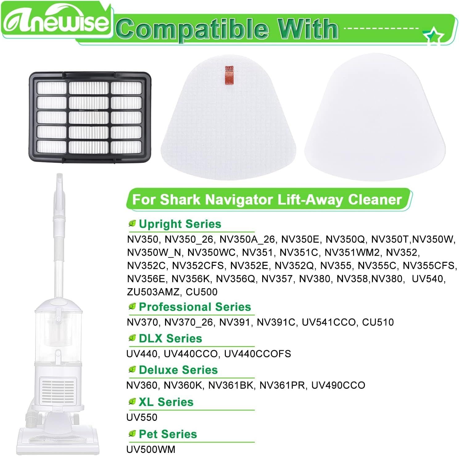 Vacuum Replacement ilter or Shark Navigator Lit-Away ZU503AMZ, NV350, NV351, NV352, NV355, NV356, NV357,NV358,NV360, UV540, UV440, 2 Pre-elt + 1 Hepa ilter Replace Part #X350 & XH350