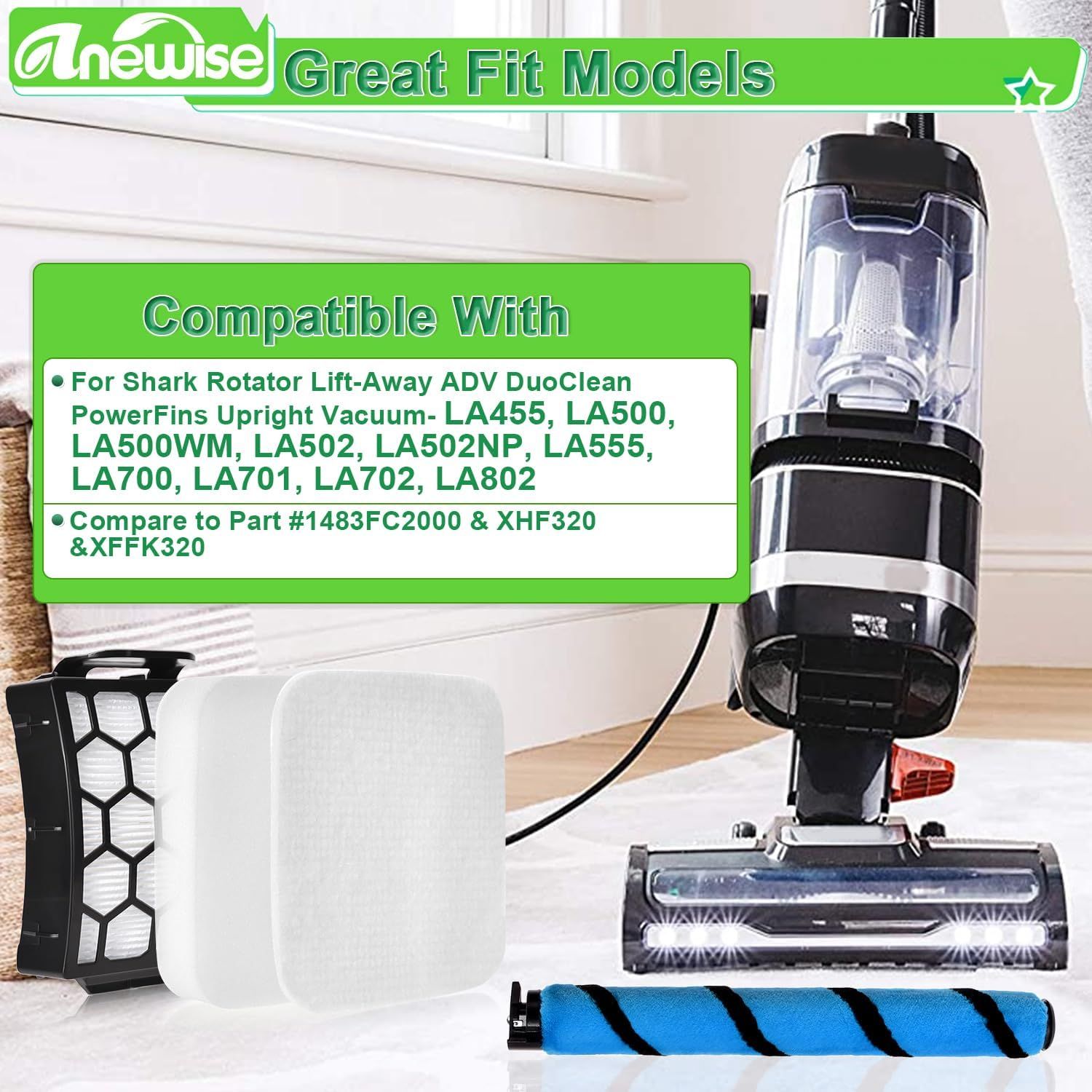 ilter Brush or Shark Rotator Lit-Away DuoClean LA702 LA802 LA502 LA502NP LA500 LA500WM LA455 LA700 LA555 LA701 Upright Vacuum, 1 Brush, 2+4 ilters, Part #1483C2000, XH320, XK320