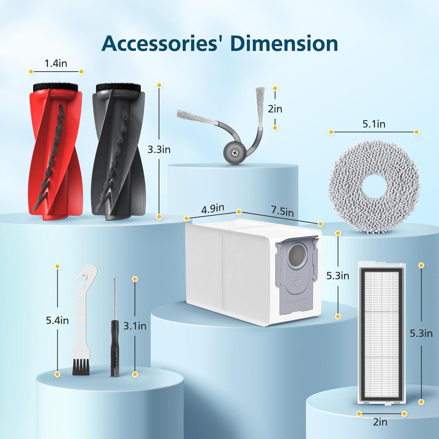 Qrevo S5V Replacement Parts or Qrevo S5V / Curv/Edge/Edge S5A / Curv S5X, Accessories include 2*Set Main Brush, 6*Mop Pads, 6*Vacuum Bags, 4*Hepa ilters, 6*Side Brush, 2*Cleaning Tool