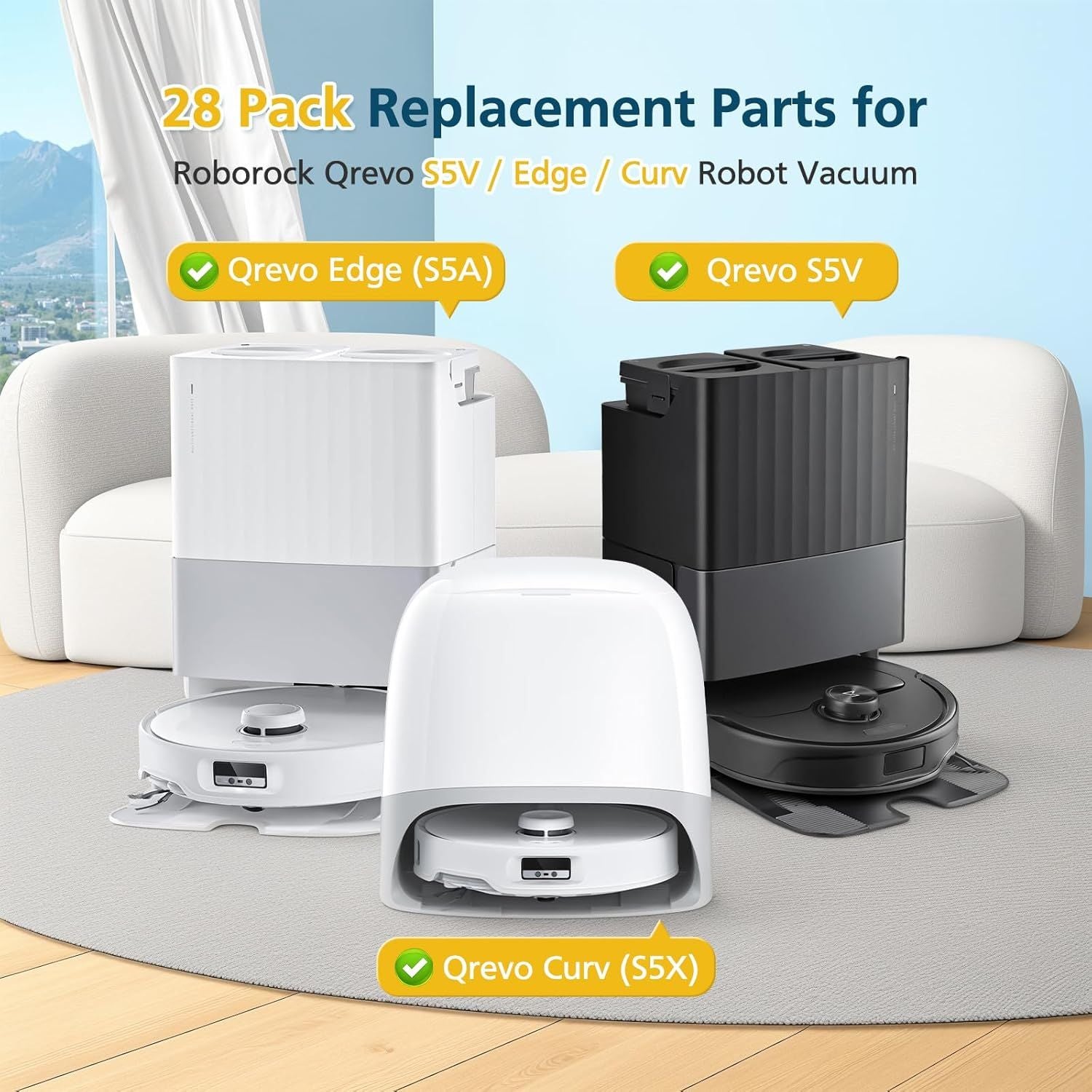 Qrevo S5V Replacement Parts or Qrevo S5V / Curv/Edge/Edge S5A / Curv S5X, Accessories include 2*Set Main Brush, 6*Mop Pads, 6*Vacuum Bags, 4*Hepa ilters, 6*Side Brush, 2*Cleaning Tool