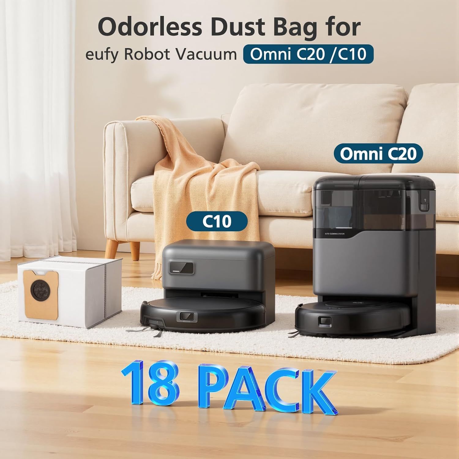 18 pcs Dust Bags or euy Omni C20 C10 Robot Vacuum, 3.6L Large Capacity Replacement Bags with 3-Layer Odorproo & Leakproo abric