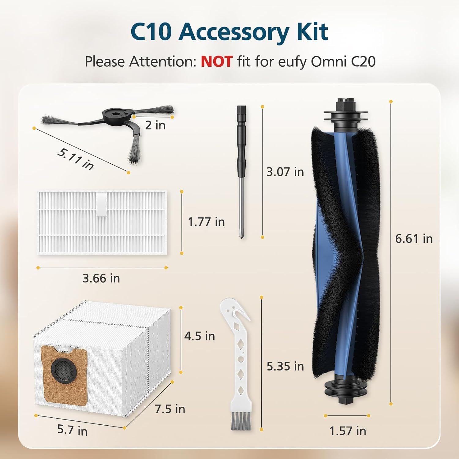 C10 Accessories or euy C10 Robot Vacuum, 22 Pack Replacement Parts Include: 2* Main Rolling Brush, 6* Washable ilter, 6* Side Brush, 6* Dust Bag, 2* Cleaning Tool