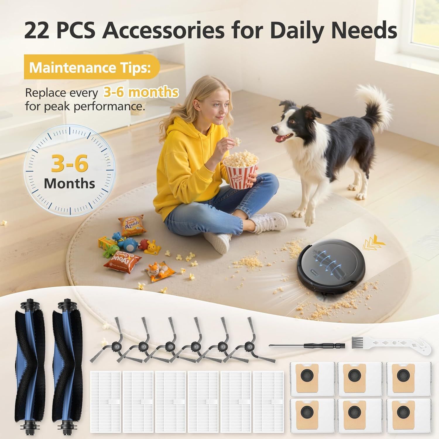 C10 Accessories or euy C10 Robot Vacuum, 22 Pack Replacement Parts Include: 2* Main Rolling Brush, 6* Washable ilter, 6* Side Brush, 6* Dust Bag, 2* Cleaning Tool