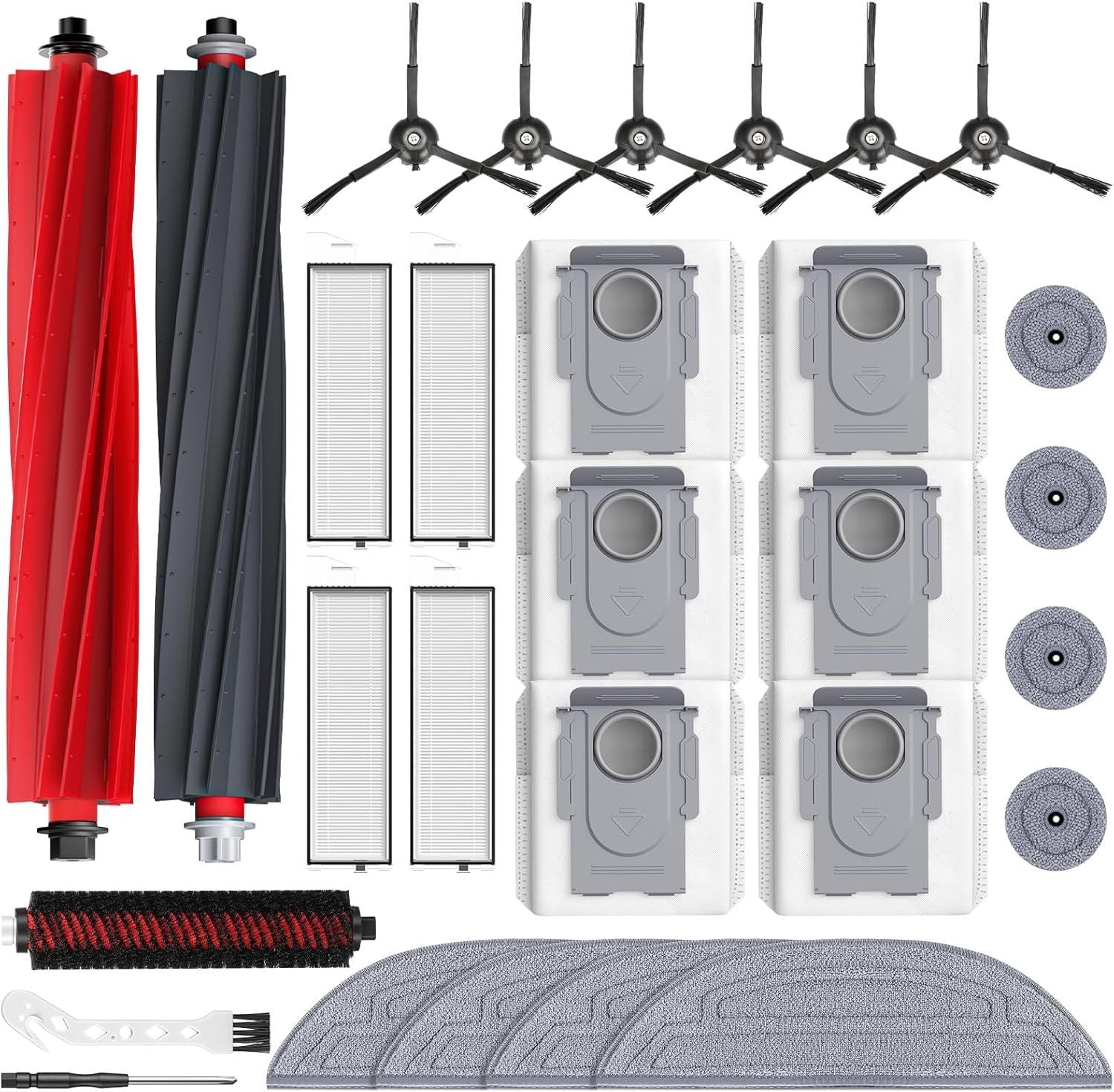 29 Pack S8 MaxV Ultra Accessories Kit or S8 Maxv Ultra Robot Vacuum Cleaner, 1 Set Main Roller Brush,4 HEPA ilters,6 Side Brushs,6 Dust Bag,4 Mop Pads,4 Edge Mop Clothes,1 Cleaning Brush