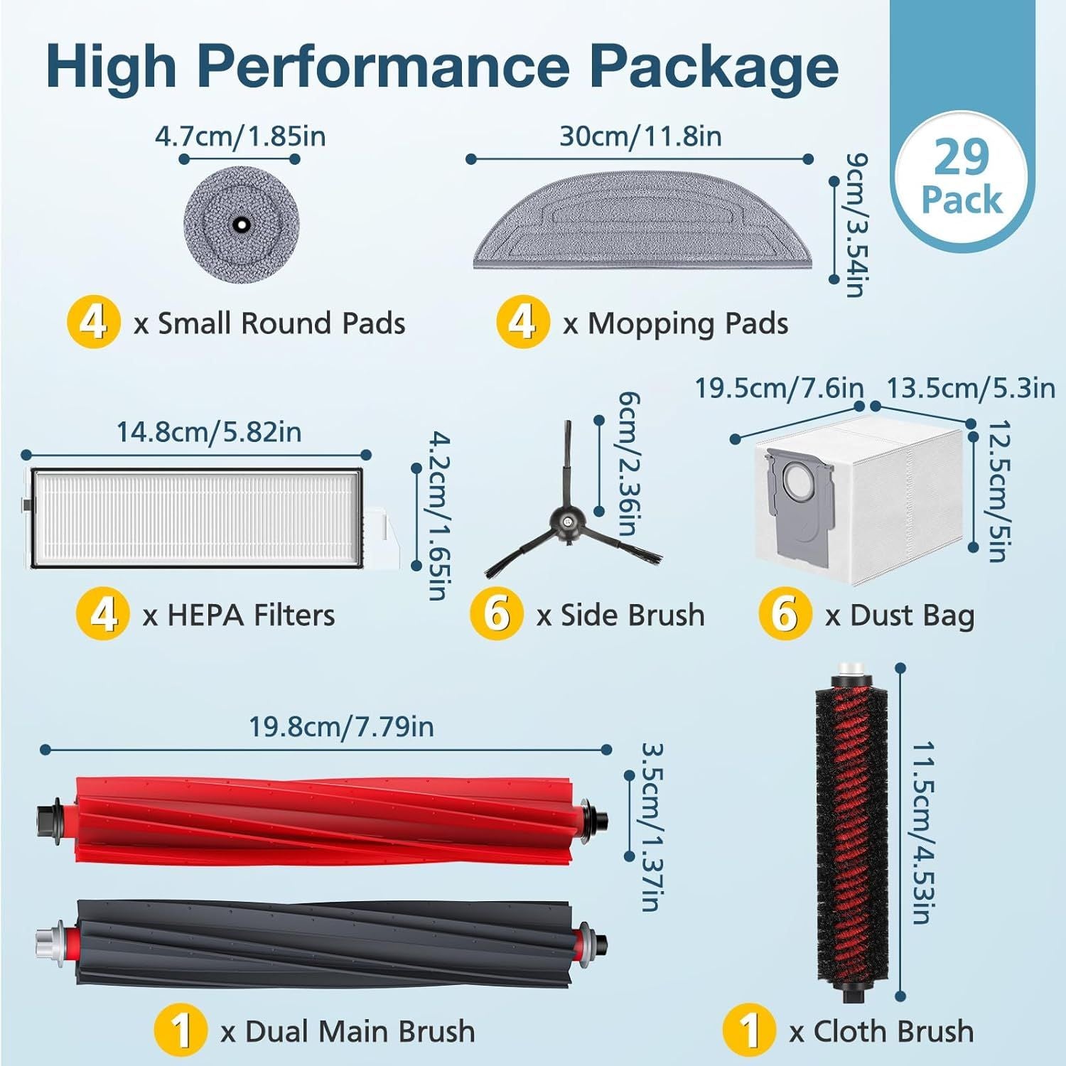 29 Pack S8 MaxV Ultra Accessories Kit or S8 Maxv Ultra Robot Vacuum Cleaner, 1 Set Main Roller Brush,4 HEPA ilters,6 Side Brushs,6 Dust Bag,4 Mop Pads,4 Edge Mop Clothes,1 Cleaning Brush