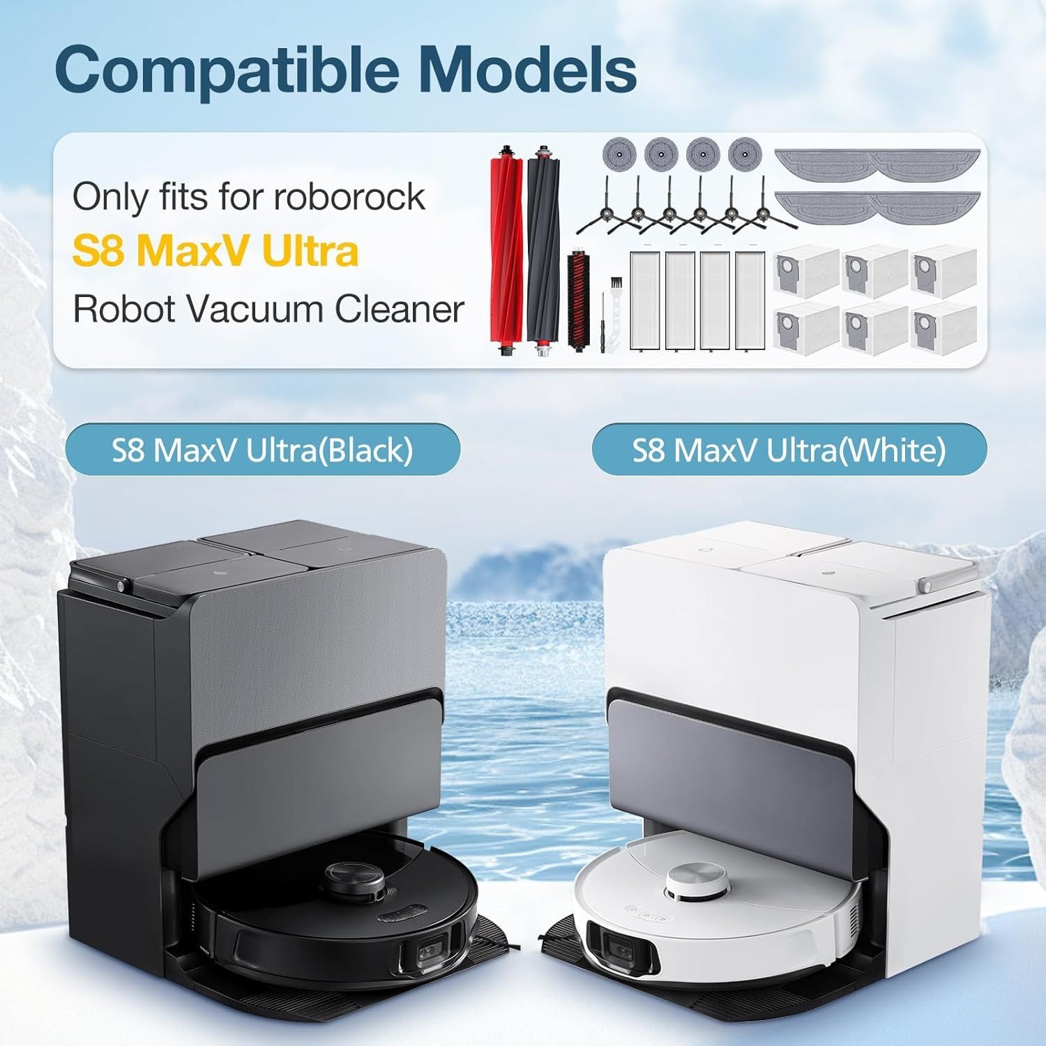 29 Pack S8 MaxV Ultra Accessories Kit or S8 Maxv Ultra Robot Vacuum Cleaner, 1 Set Main Roller Brush,4 HEPA ilters,6 Side Brushs,6 Dust Bag,4 Mop Pads,4 Edge Mop Clothes,1 Cleaning Brush