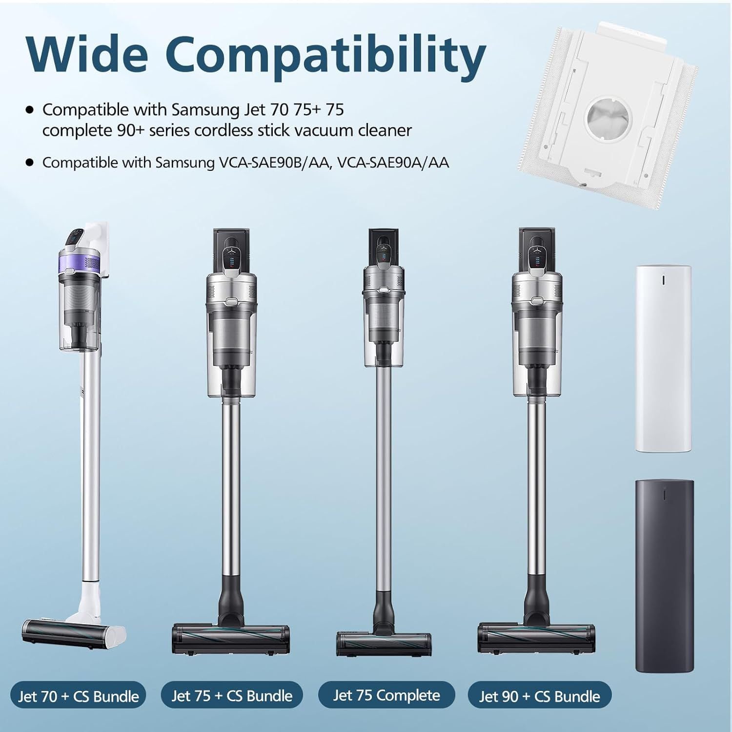 8 Pack VCA-ADB90 Dust Bag Compatible with Samsung VCA-SAE903/AA & VCA-SAE904/AA, Replacement Bags or Jet 75 Complete 75+ 90+ 70+ Series Stick Cordless Vacuum Cleaners, Compared to Part VCA-ADB90/XAA