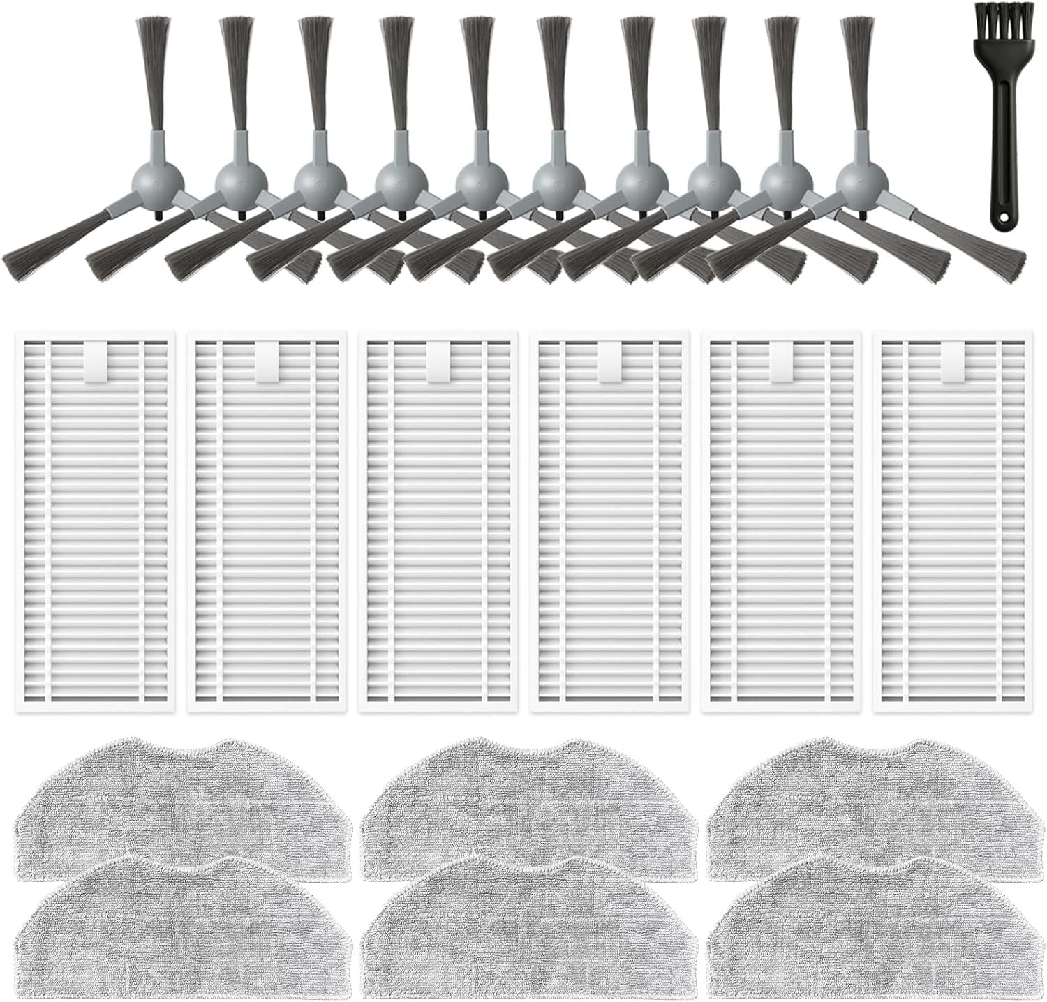 Accessories Kit or ROPVACNIC S1, or Tipdiy G90, or betboyles V75S, or VIPSUN Z1, or PrettyCare C2 Robot Vacuum Replacement Parts, 10 Side Brush, 6 HEPA ilter, 6 Mop Pad